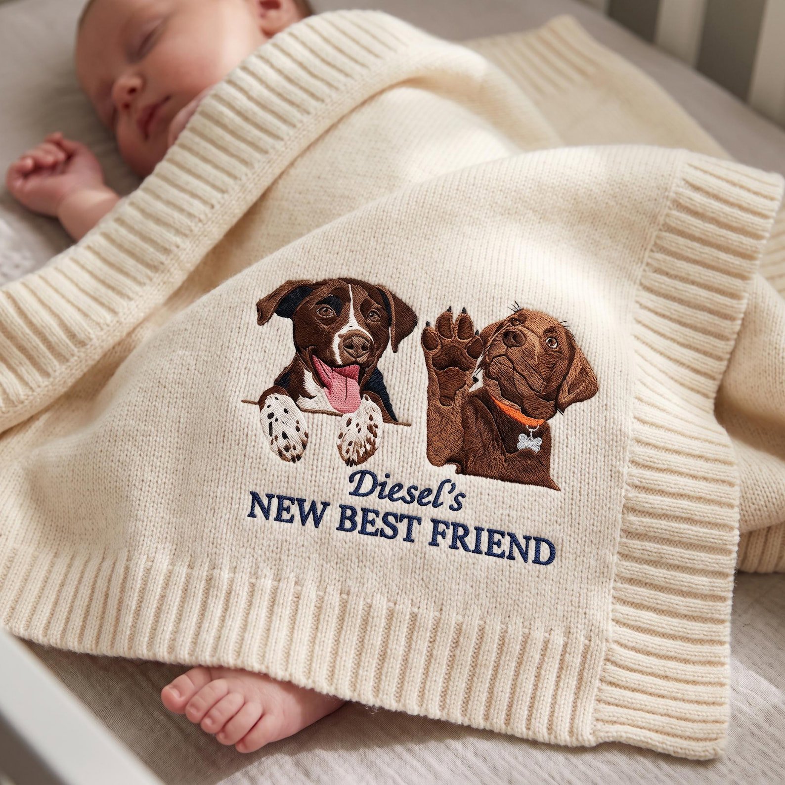 Custom Embroidered Dog Portrait Baby Blanket, Personalized Pet Photo Nursery Throw, New Best Friend Pet Pregnancy Gift, Pet Lover Baby Gift 2