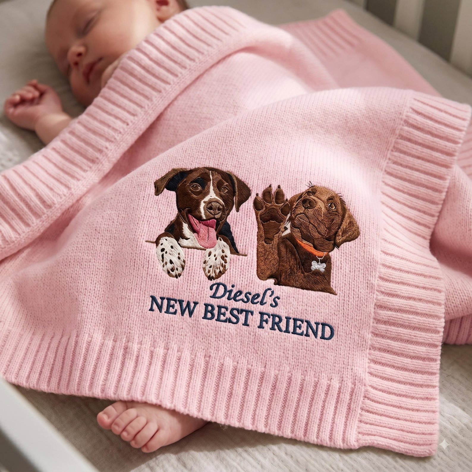 Custom Embroidered Dog Portrait Baby Blanket, Personalized Pet Photo Nursery Throw, New Best Friend Pet Pregnancy Gift, Pet Lover Baby Gift 3