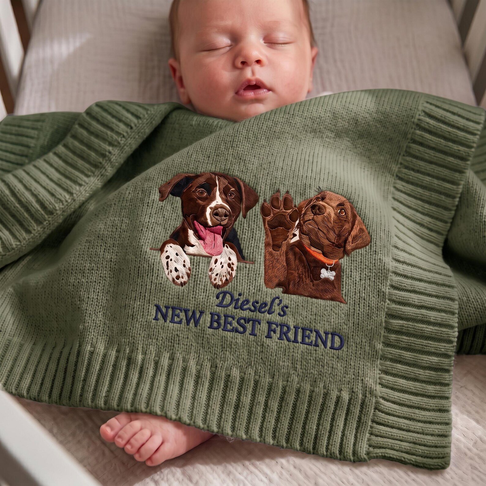 Custom Embroidered Dog Portrait Baby Blanket, Personalized Pet Photo Nursery Throw, New Best Friend Pet Pregnancy Gift, Pet Lover Baby Gift 4