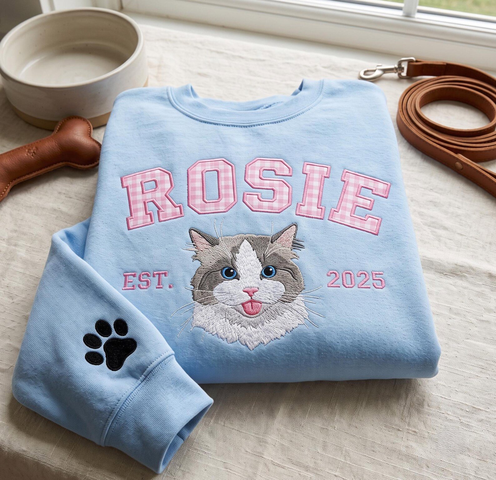 Embroidered Custom Gingham Dog Sweatshirt, Personalized Varsity Pet Face Shirt from Your Photo, Applique Apparel, Gifts for Dog Lover 3