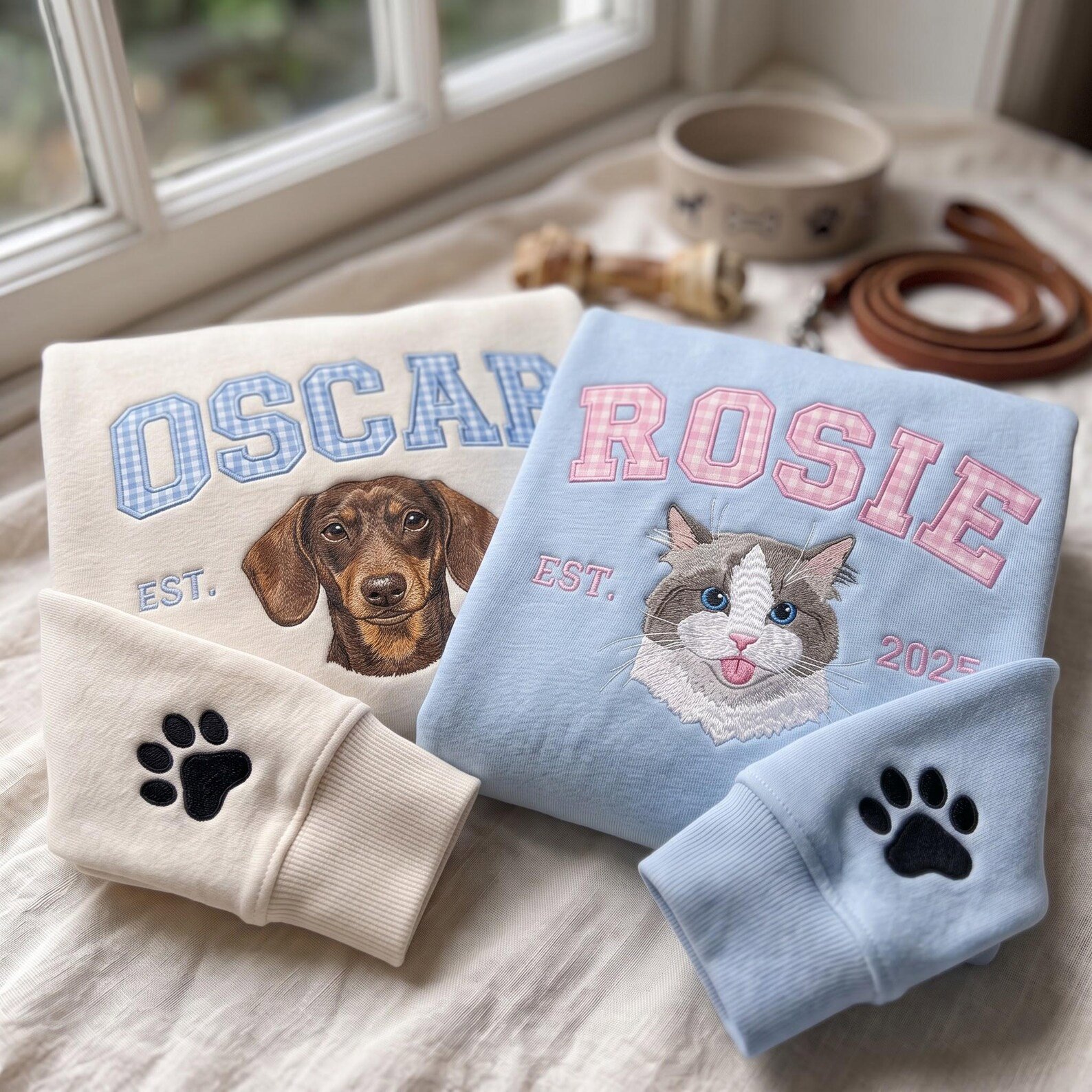Embroidered Custom Gingham Dog Sweatshirt, Personalized Varsity Pet Face Shirt from Your Photo, Applique Apparel, Gifts for Dog Lover 2