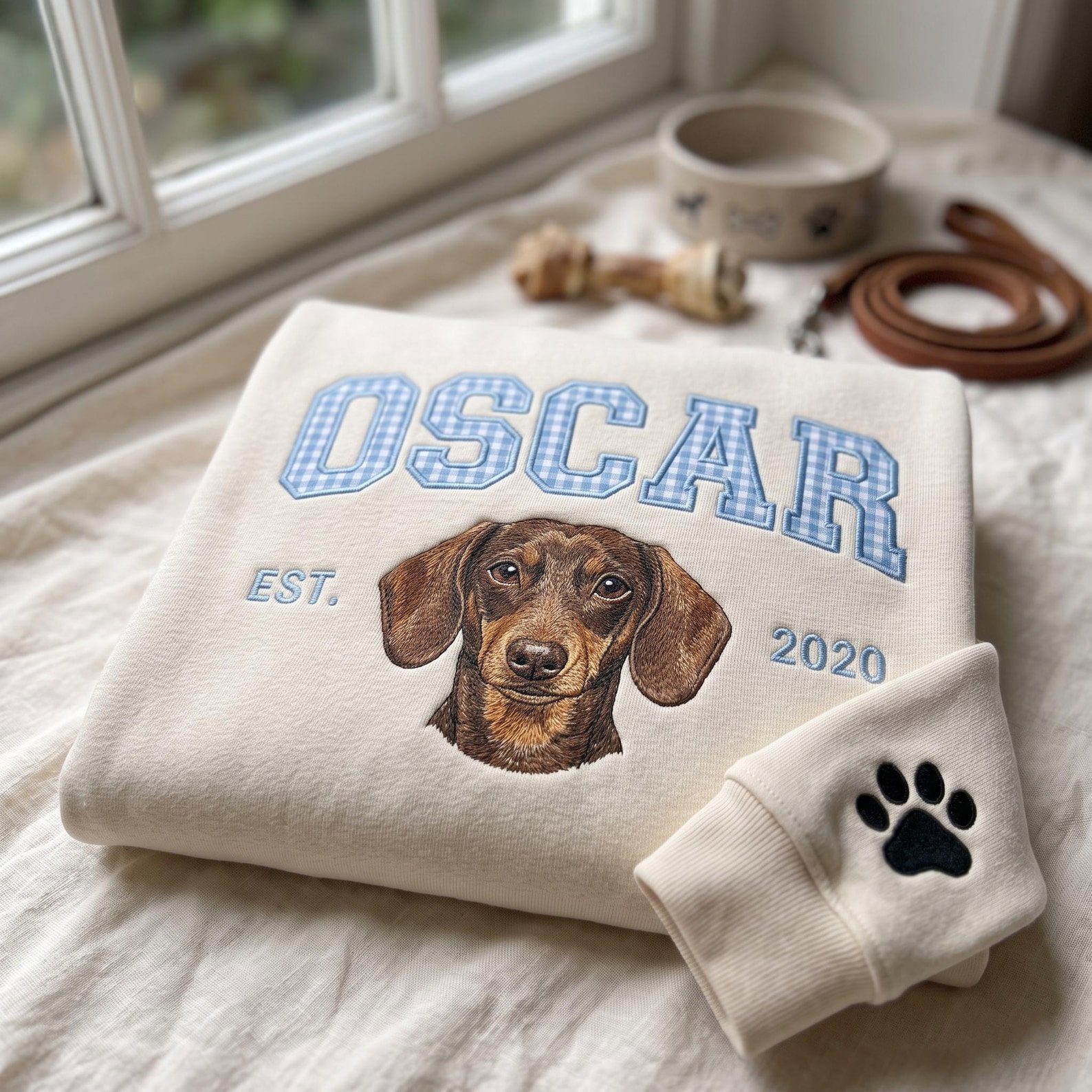 Embroidered Custom Gingham Dog Sweatshirt, Personalized Varsity Pet Face Shirt from Your Photo, Applique Apparel, Gifts for Dog Lover 4