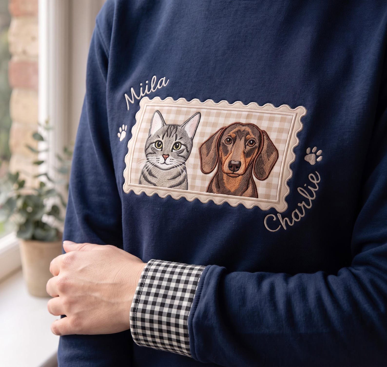 Embroidered Personalized Gingham Mock Neck Sweatshirt, Custom Pet Portrait and Name Applique, Embroidered Dog Lover Unisex Crewneck 3