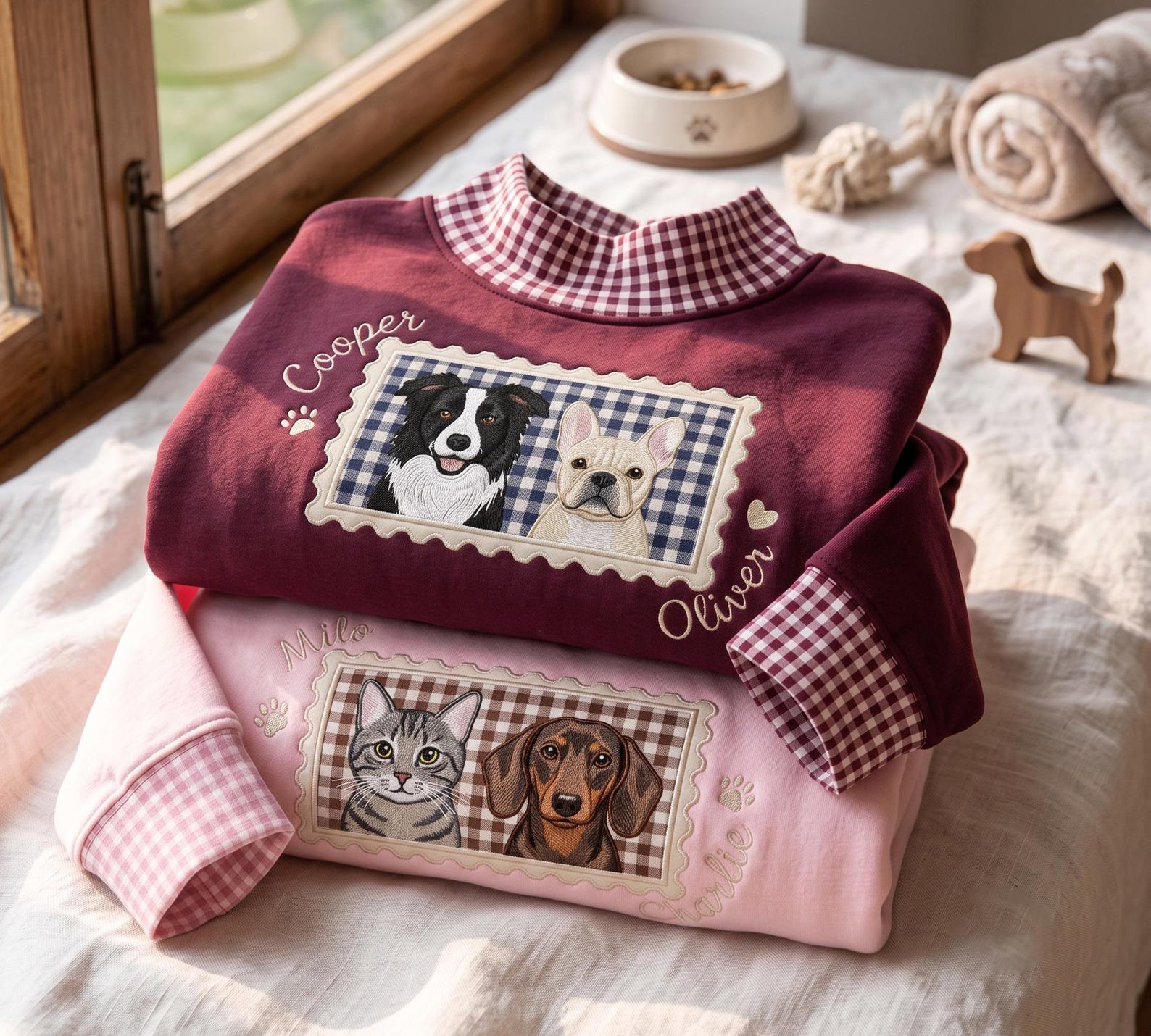 Embroidered Personalized Gingham Mock Neck Sweatshirt, Custom Pet Portrait and Name Applique, Embroidered Dog Lover Unisex Crewneck 1