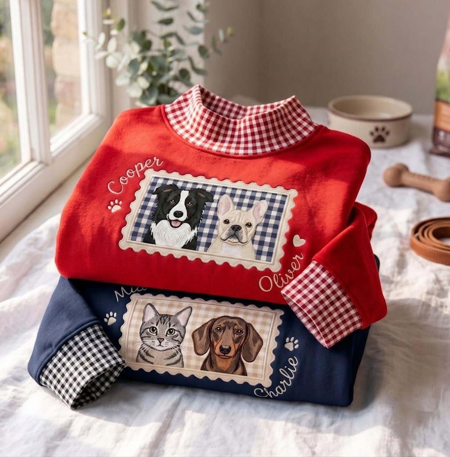 Embroidered Personalized Gingham Mock Neck Sweatshirt, Custom Pet Portrait and Name Applique, Embroidered Dog Lover Unisex Crewneck 4