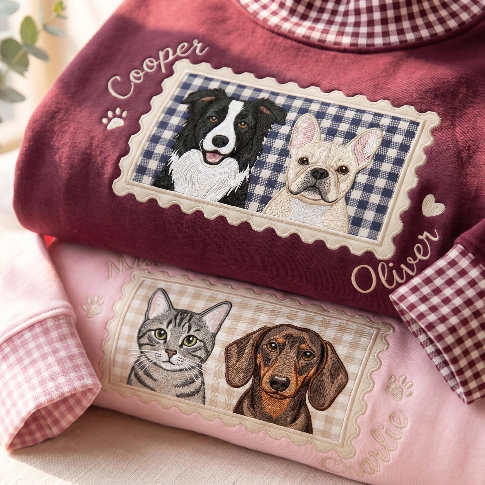 Embroidered Personalized Gingham Mock Neck Sweatshirt, Custom Pet Portrait and Name Applique, Embroidered Dog Lover Unisex Crewneck 5