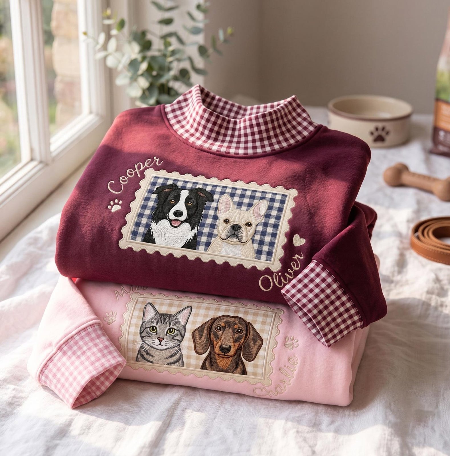 Embroidered Personalized Gingham Mock Neck Sweatshirt, Custom Pet Portrait and Name Applique, Embroidered Dog Lover Unisex Crewneck 6