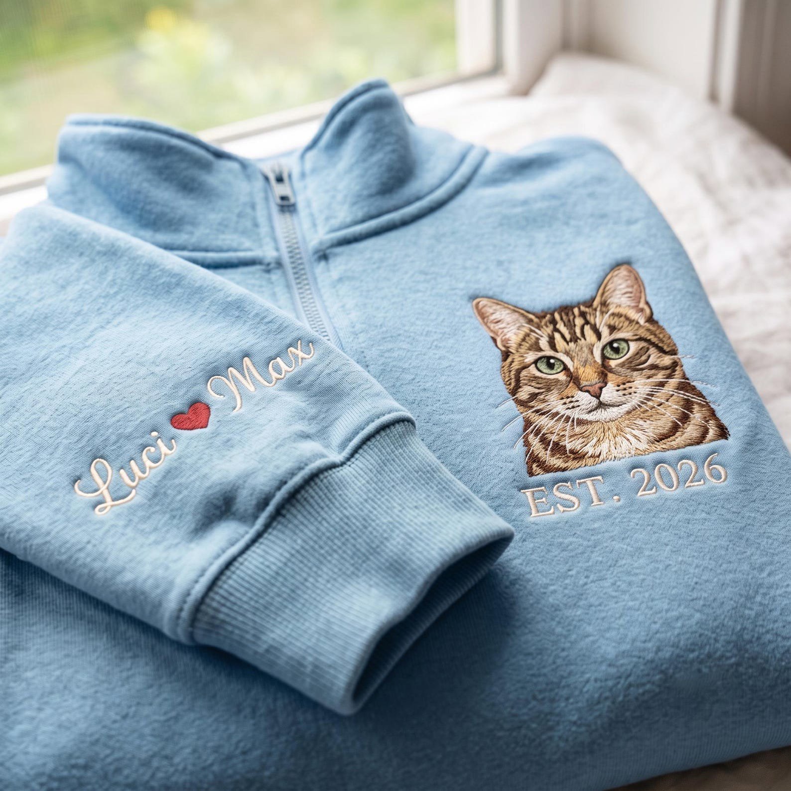 Embroidered Custom Pet Portrait Quaterzip, Personalized Cat Photo, Pet Portrait Shirt, Gift for Pet Lovers, Memorial Gift, Custom Dog Face 2