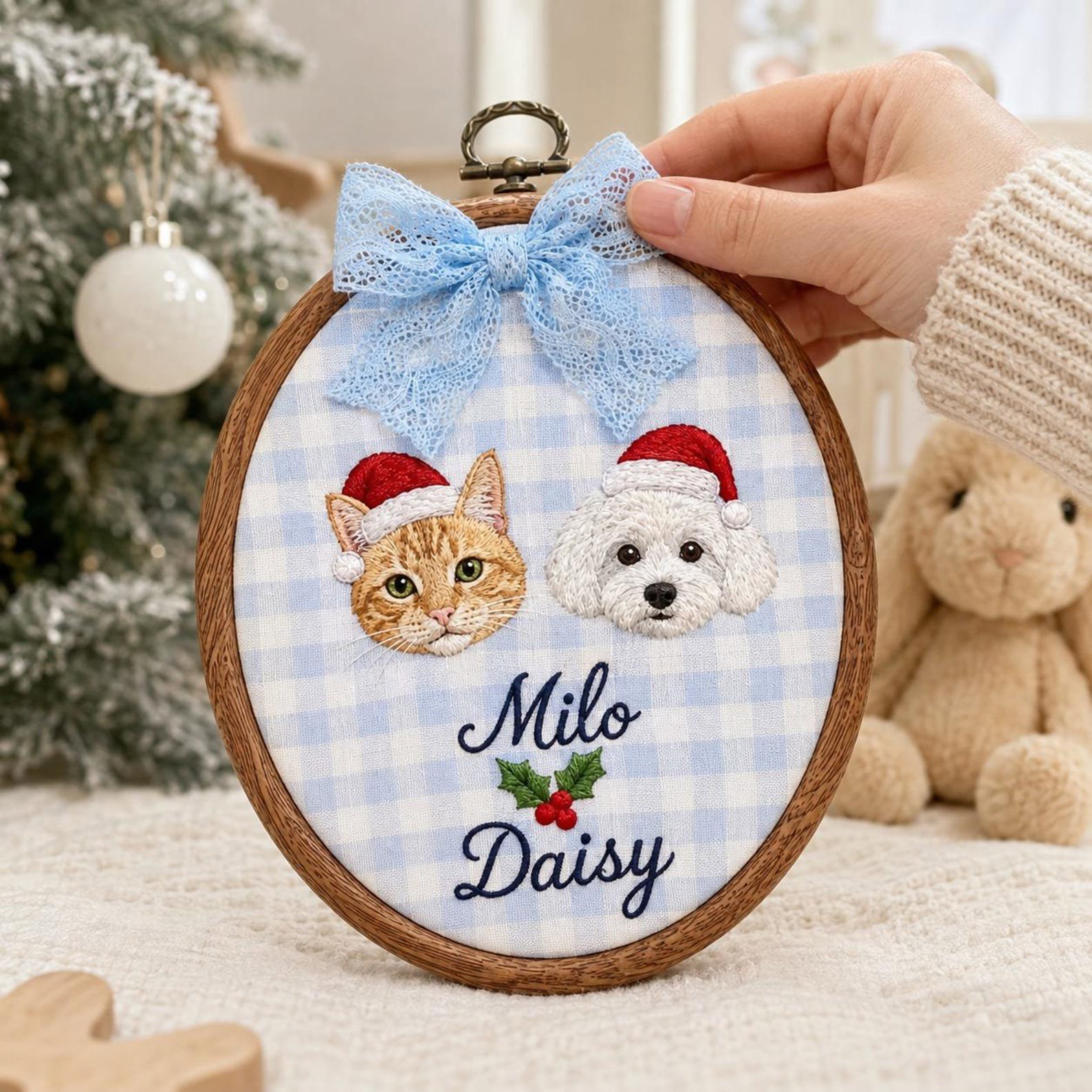 Embroidered Custom Pet Portrait Christmas Hoop, Personalized Dog First Christmas Ornament, Reindeer Pet Keepsake, Holiday Gift for Dog Lover 1