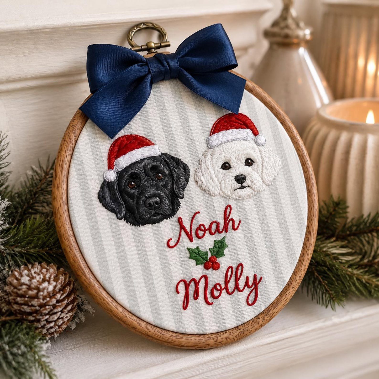 Embroidered Custom Pet Portrait Christmas Hoop, Personalized Dog First Christmas Ornament, Reindeer Pet Keepsake, Holiday Gift for Dog Lover 2