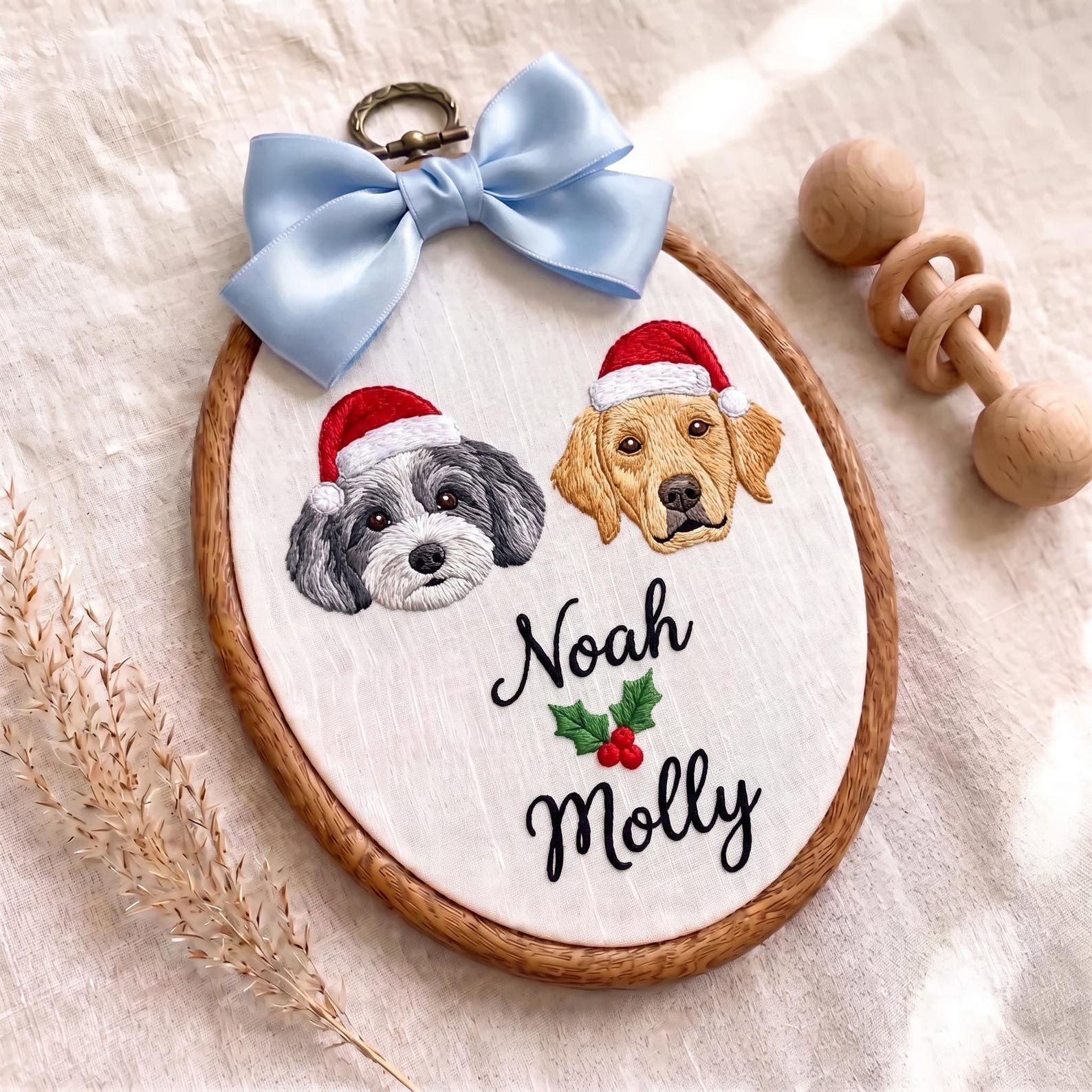 Embroidered Custom Pet Portrait Christmas Hoop, Personalized Dog First Christmas Ornament, Reindeer Pet Keepsake, Holiday Gift for Dog Lover 5