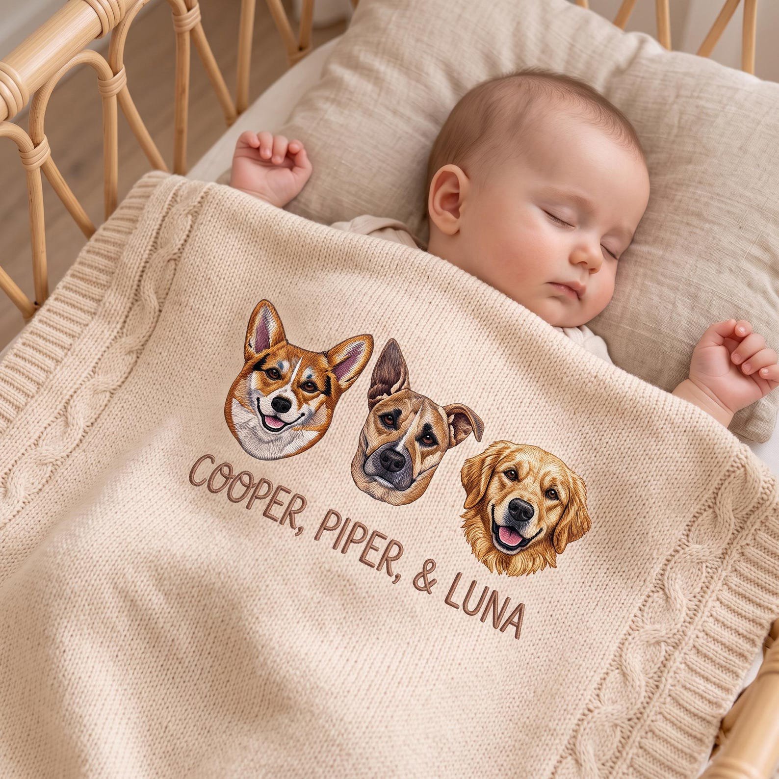 Custom Embroidered Pet Baby Blanket, Custom Dog Portrait Newborn Blanket, Baby and Fur Sibling Gift, Pet Name Nursery Keepsake 2