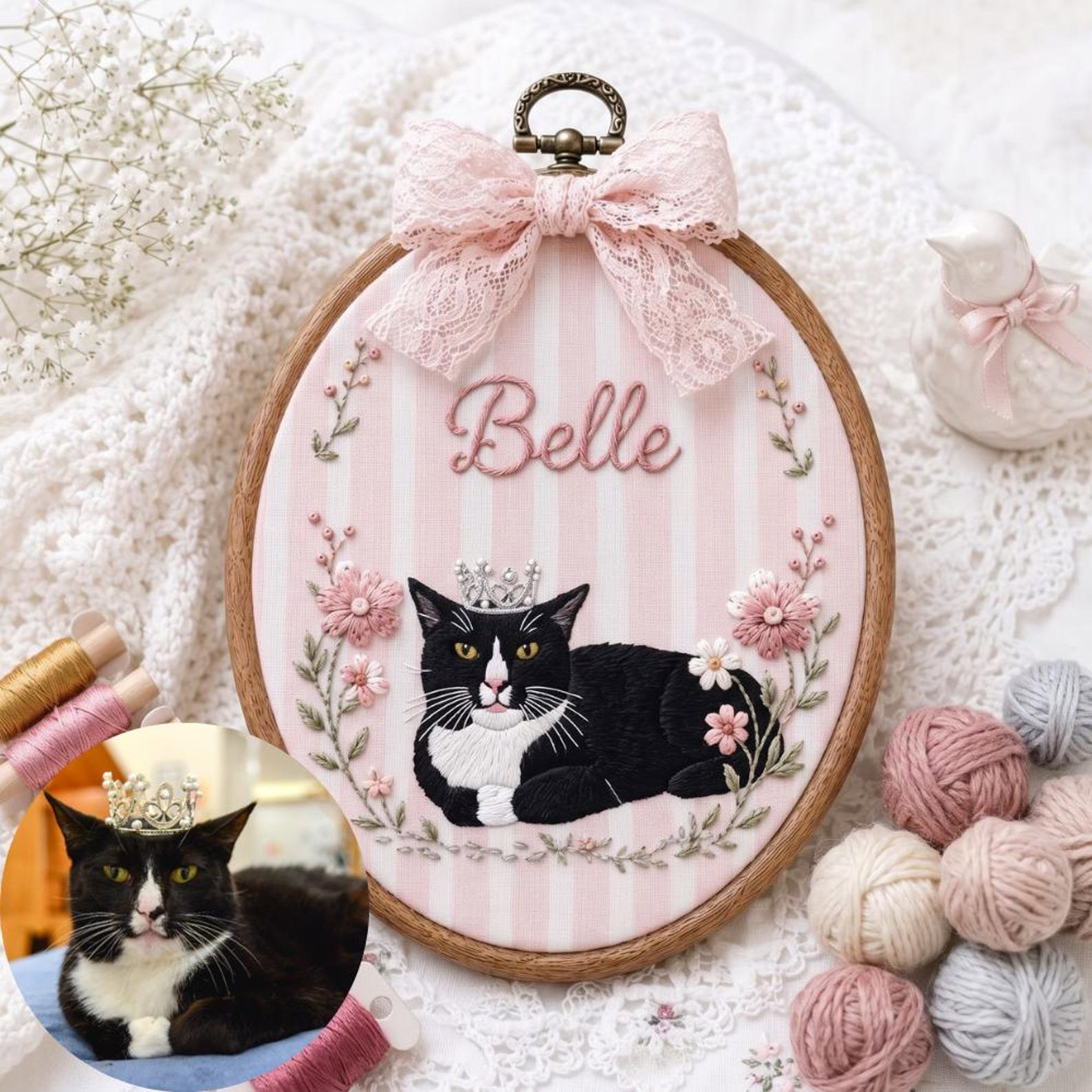 Custom Pet Face With Floral Embroidered Hoop, Pet Portrait Embroidered Wall Art, Pet Lover Memorial Gift, Pet Loss Sympathy Gift 2