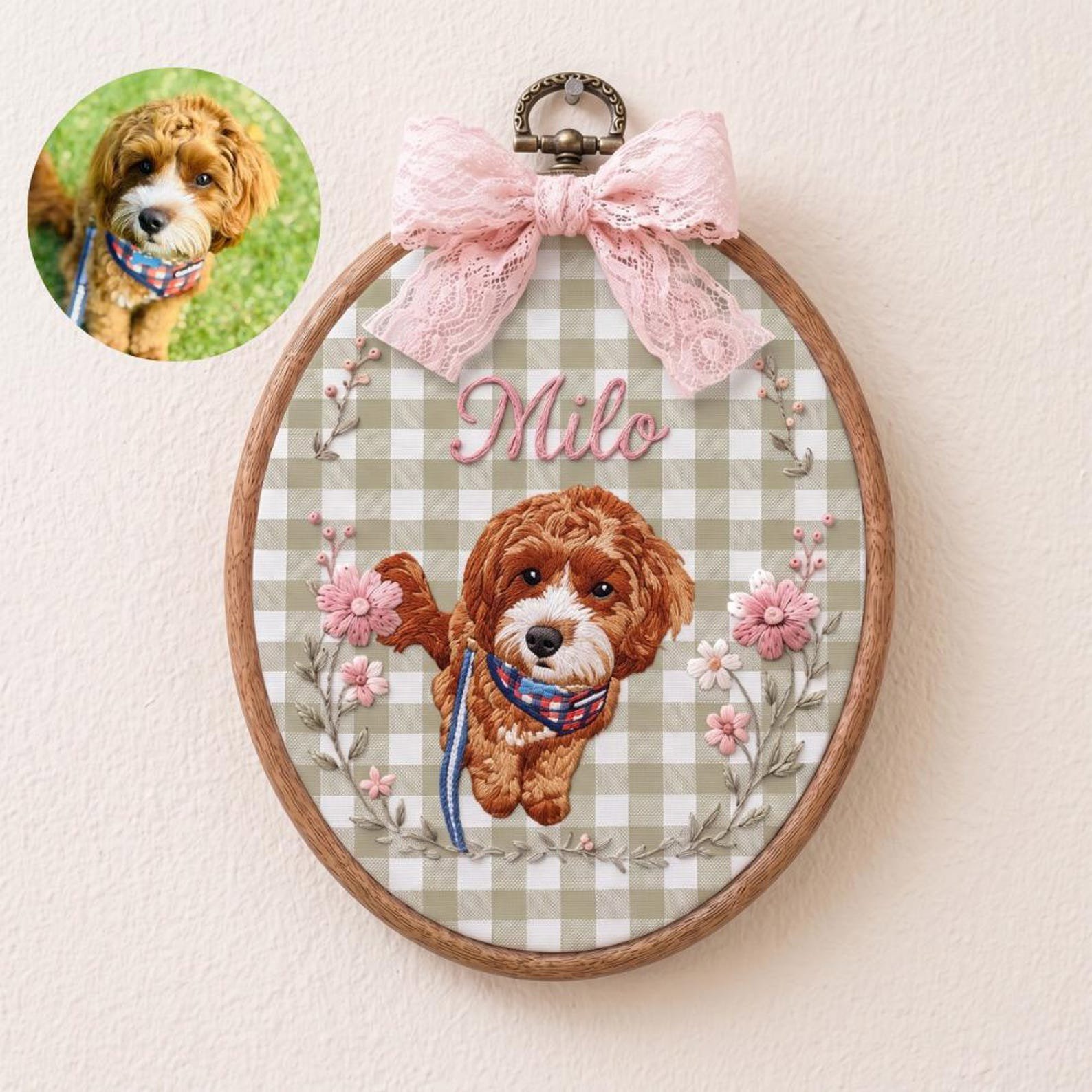 Custom Pet Face With Floral Embroidered Hoop, Pet Portrait Embroidered Wall Art, Pet Lover Memorial Gift, Pet Loss Sympathy Gift 3