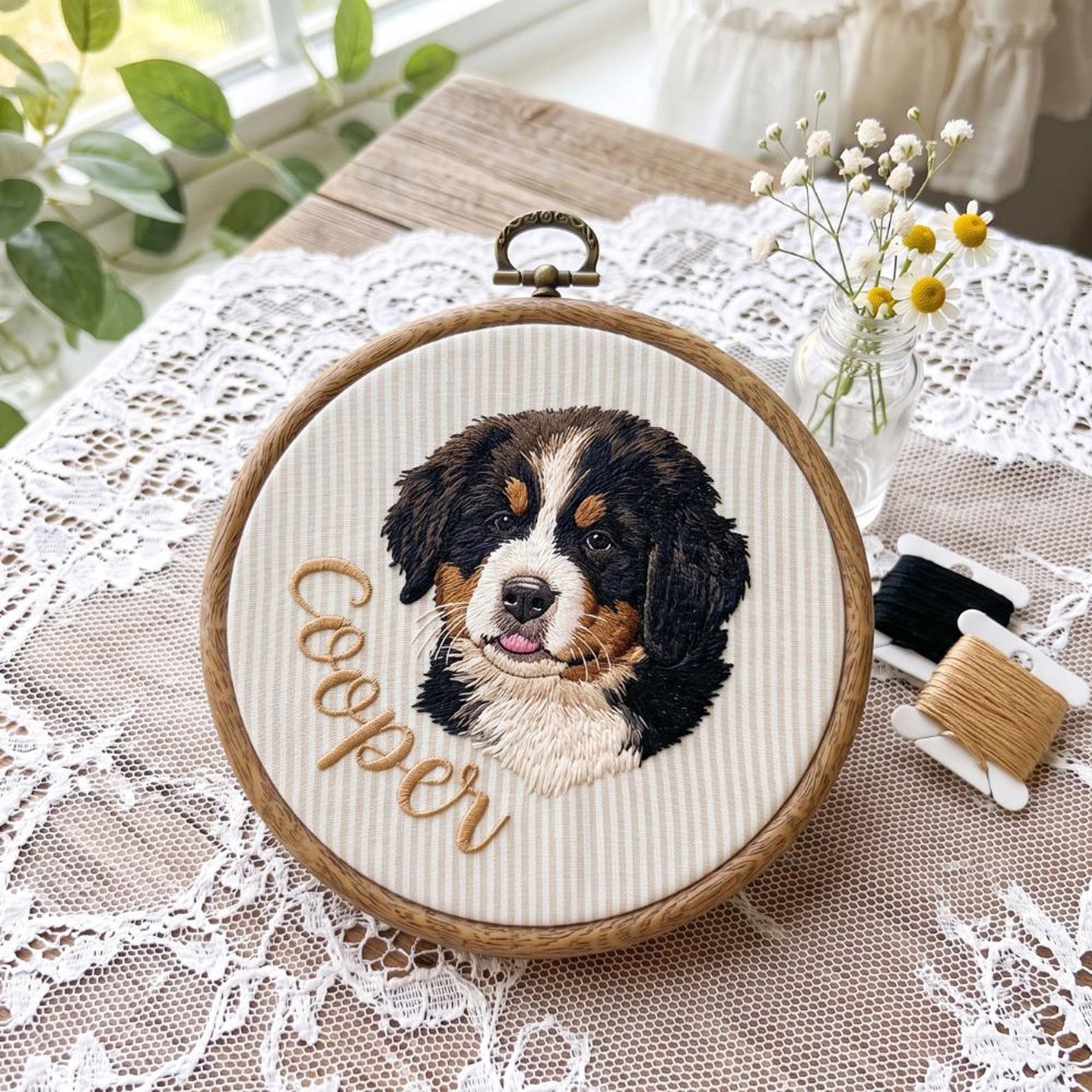 Custom Pet Face Embroidered Hoop, Pet Portrait Embroidered Wall Art, Custom Pet Decor, Pet Lover Memorial Gift 2