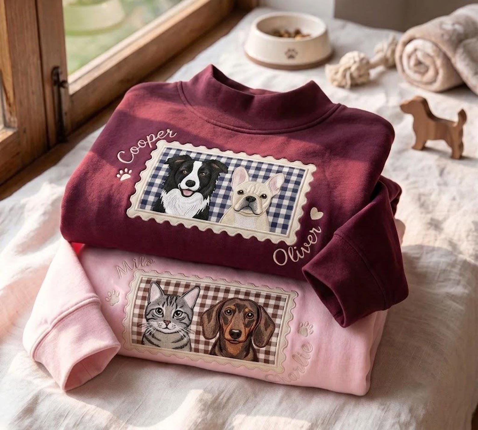 Custom Pet Applique Mock Neck Sweatshirt, Personalized Dog Portrait Sweater, Gingham Pet Photo Shirt, Pet Lover Gift 2