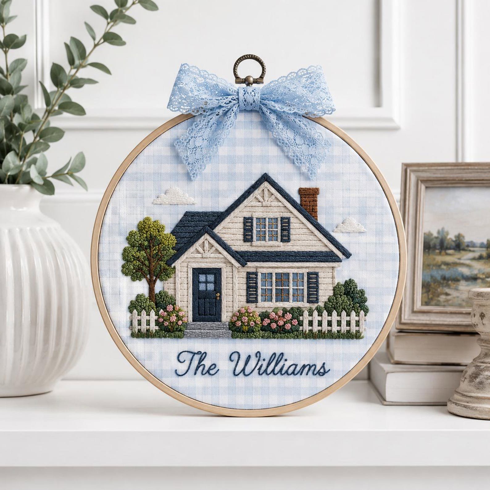 Embroidered Custom House Portrait Hoop, New Home Keepsake Wall Decor, Personalized Family Name Sign from Photo, Housewarming Gift 2