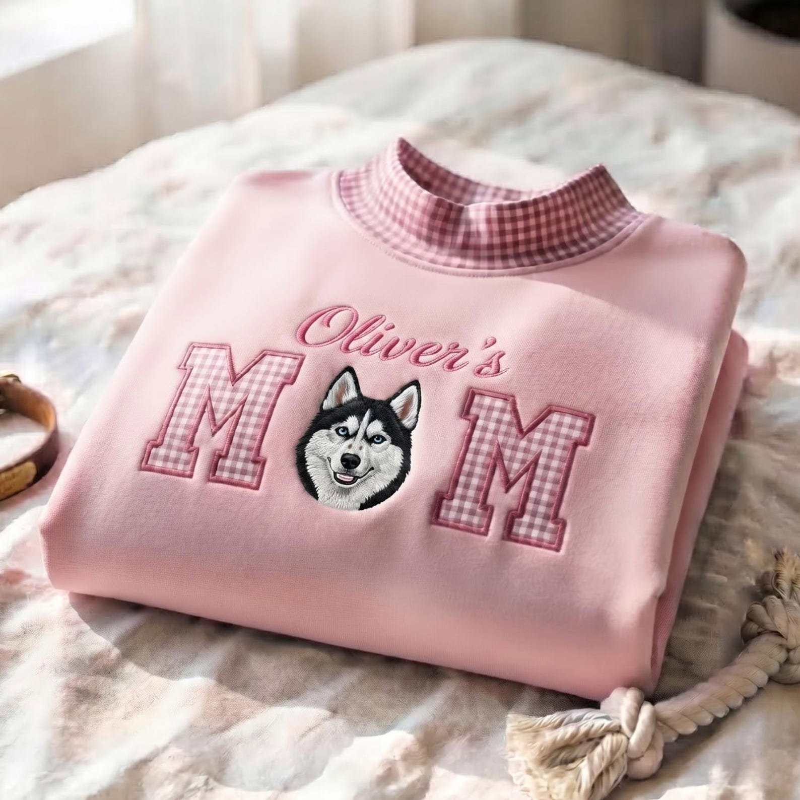 Personalized Pet Portrait Embroidered Mock Neck Sweatshirt, Custom Dog or Cat Photo Crewneck, Gingham Pet Applique Pullover, Pet Lover Gift 3
