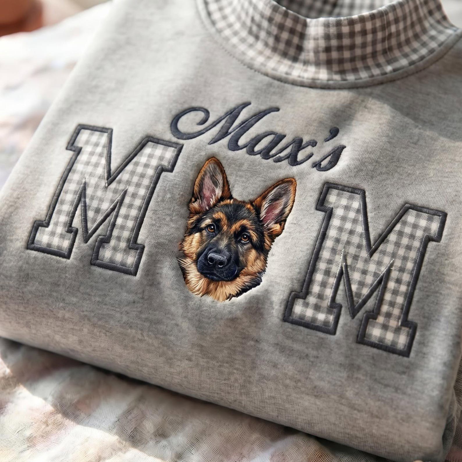 Personalized Pet Portrait Embroidered Mock Neck Sweatshirt, Custom Dog or Cat Photo Crewneck, Gingham Pet Applique Pullover, Pet Lover Gift 2