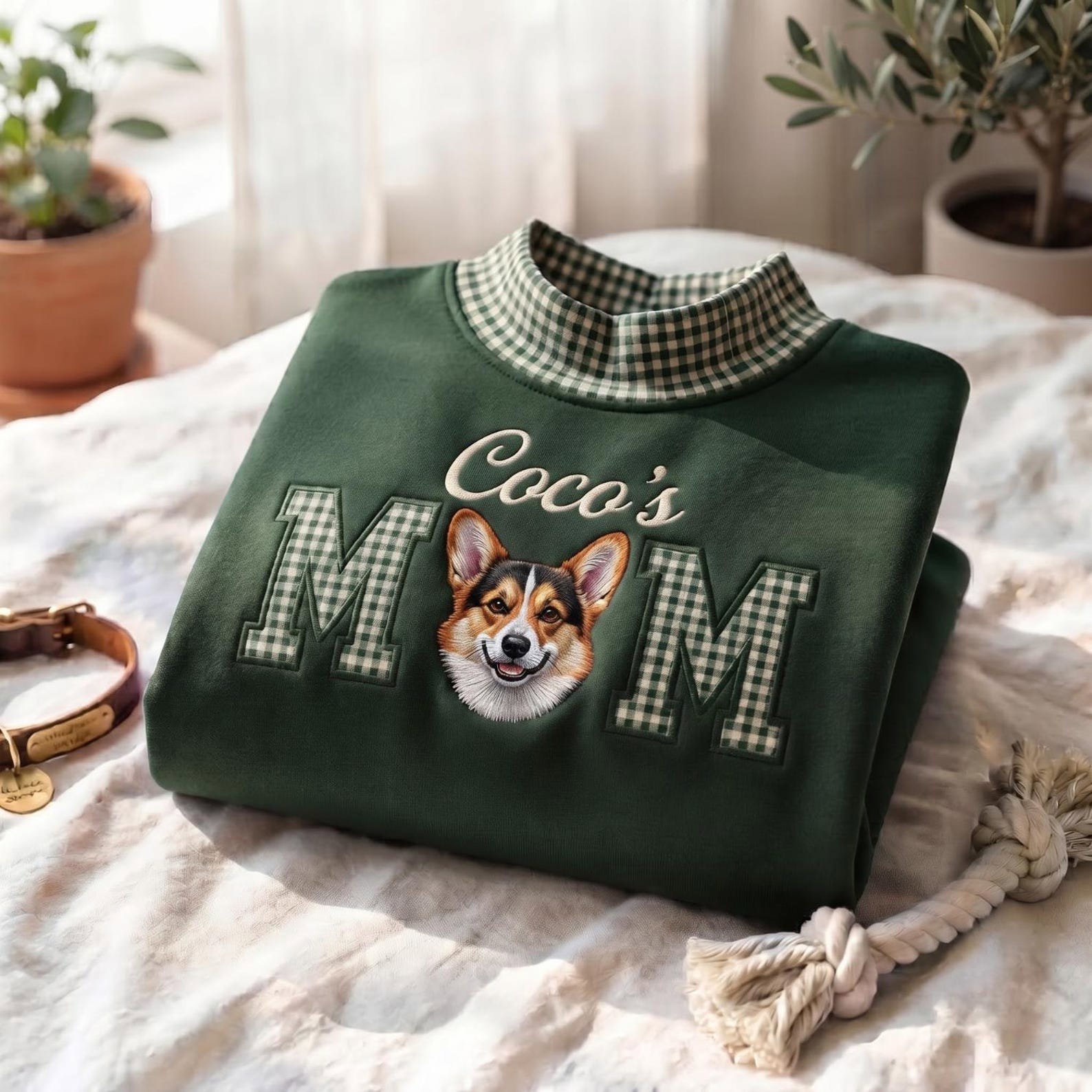 Personalized Pet Portrait Embroidered Mock Neck Sweatshirt, Custom Dog or Cat Photo Crewneck, Gingham Pet Applique Pullover, Pet Lover Gift 4