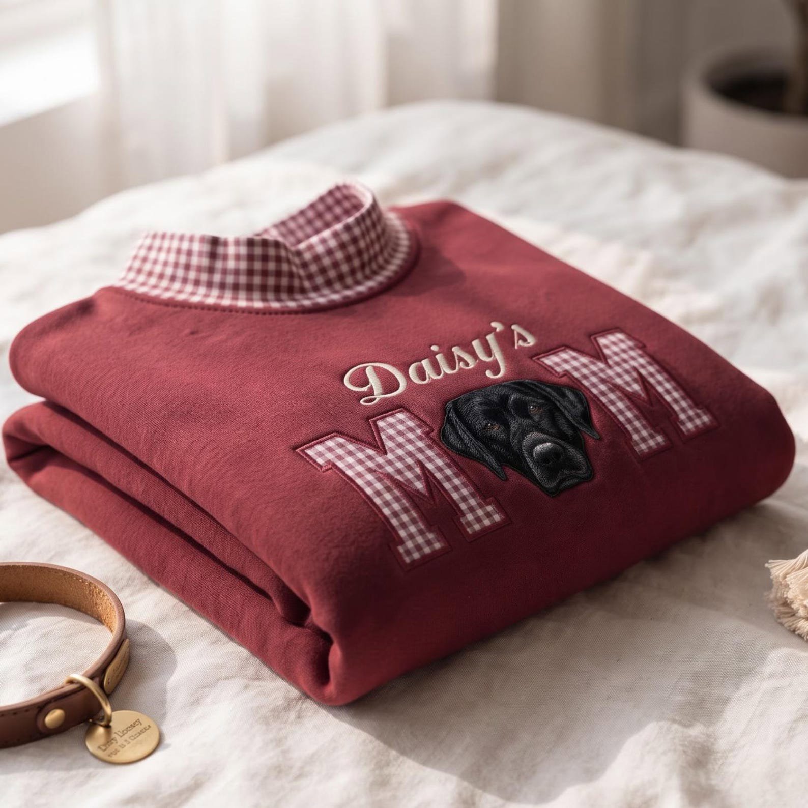 Personalized Pet Portrait Embroidered Mock Neck Sweatshirt, Custom Dog or Cat Photo Crewneck, Gingham Pet Applique Pullover, Pet Lover Gift 5