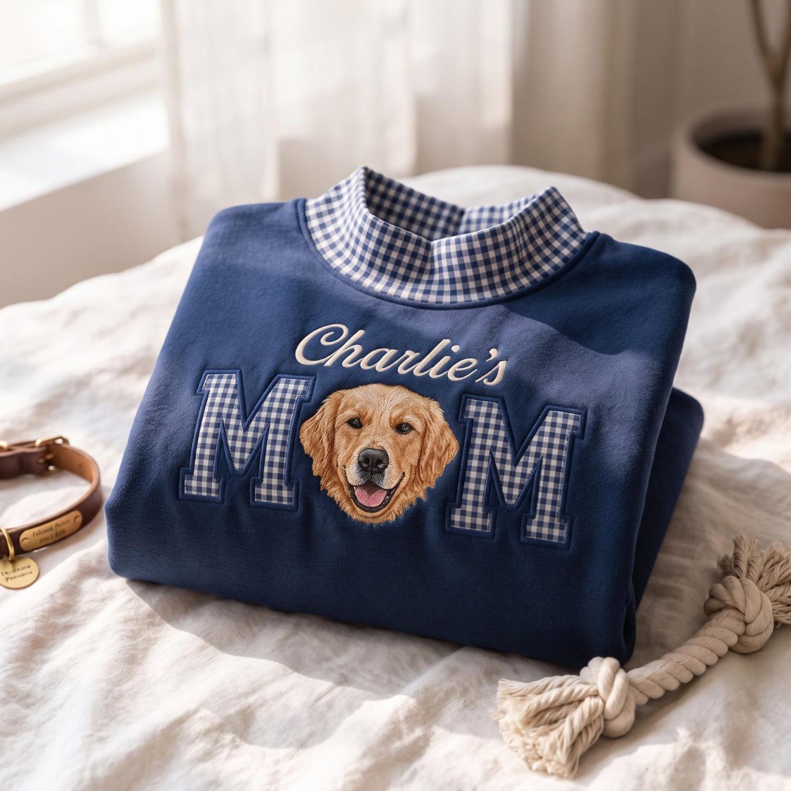 Personalized Pet Portrait Embroidered Mock Neck Sweatshirt, Custom Dog or Cat Photo Crewneck, Gingham Pet Applique Pullover, Pet Lover Gift 6