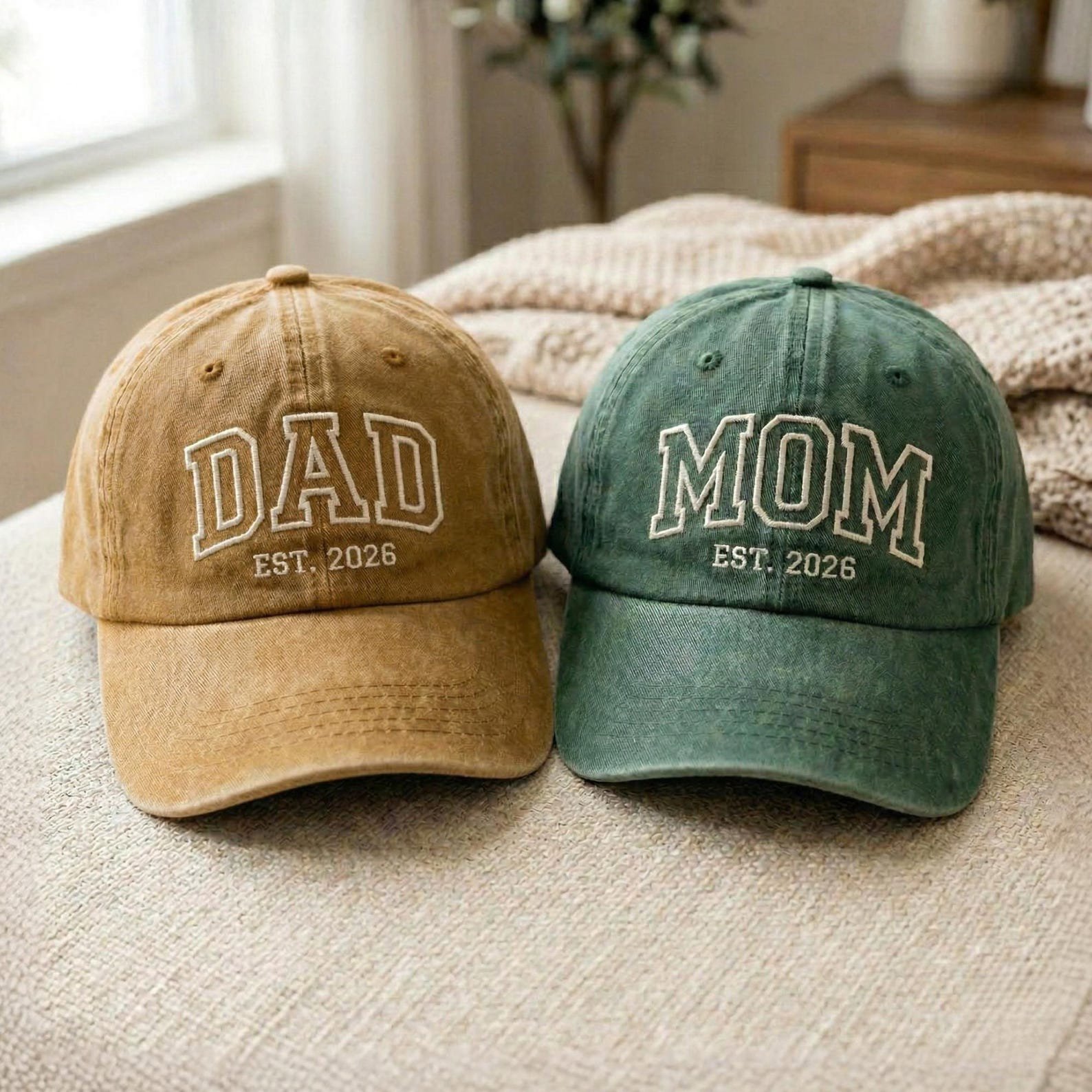 Custom Embroidered Mom Dad Est 2026 Washed Cotton Cap, Baby Announcement Baseball Hat 4