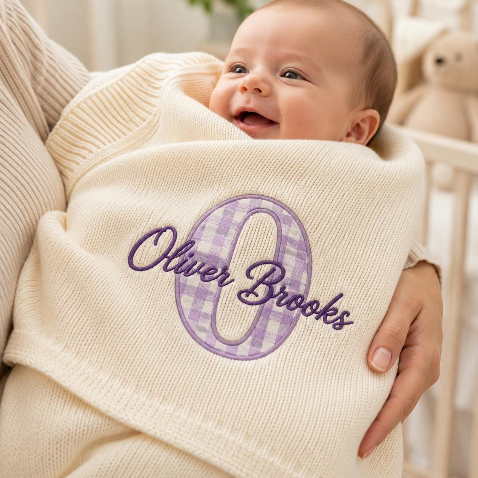 Embroidery Custom Patch Blanket, Unique Christmas/Shower/Birthday gift, Gingham Initial Baby Gift, Newborn Keepsake, Nursery Keepsake Gift 3