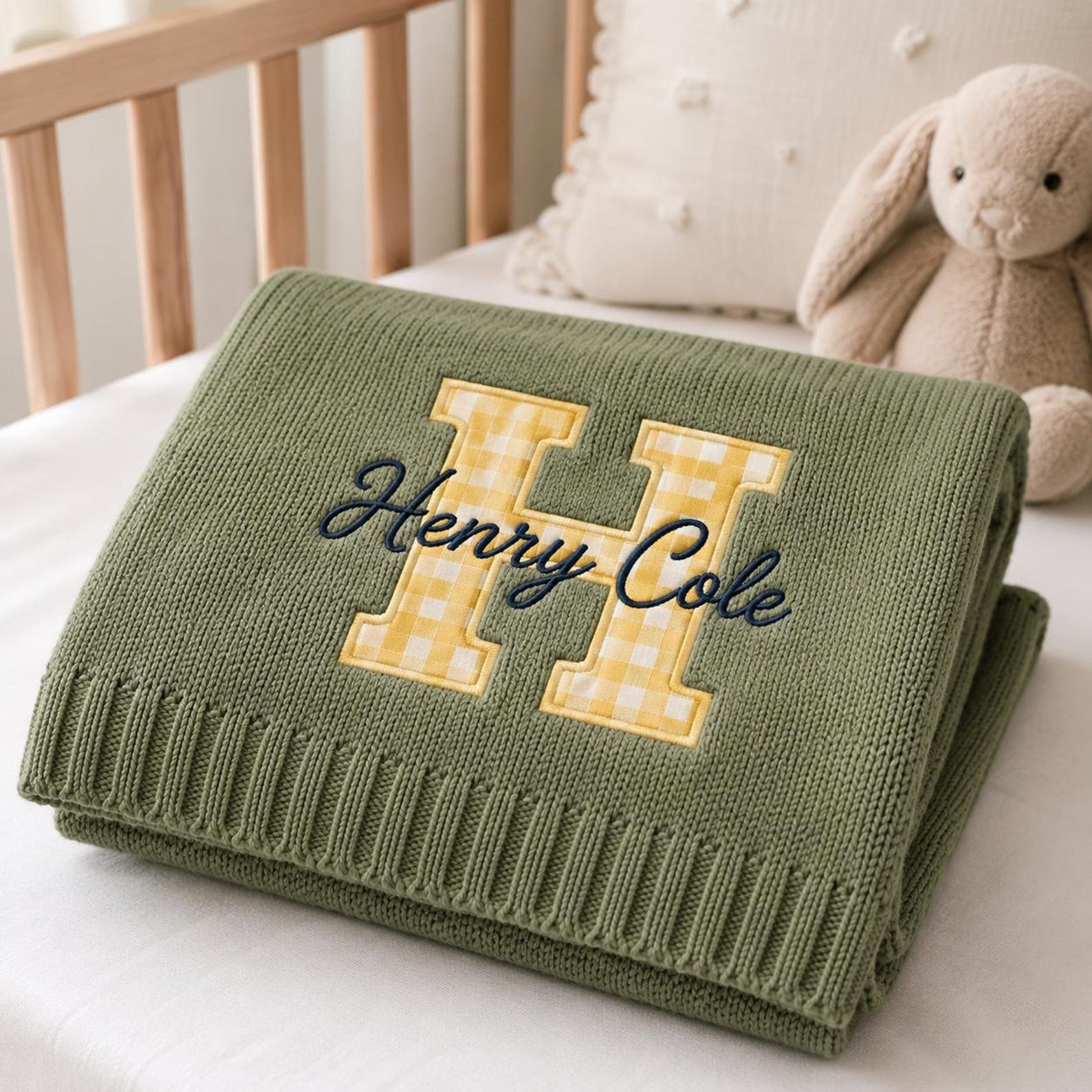 Embroidery Custom Patch Blanket, Unique Christmas/Shower/Birthday gift, Gingham Initial Baby Gift, Newborn Keepsake, Nursery Keepsake Gift 2