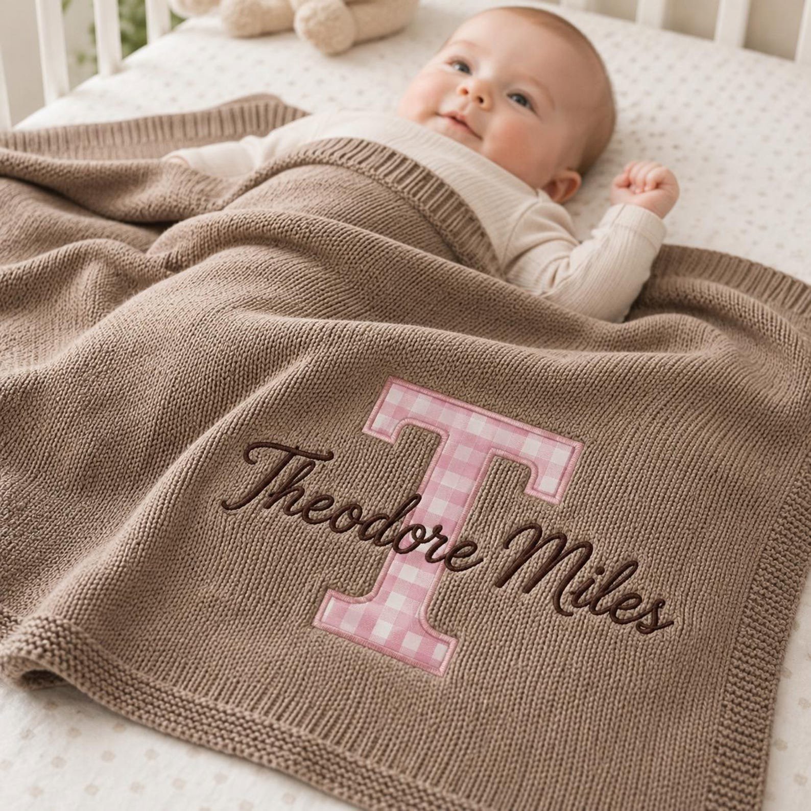Embroidery Custom Patch Blanket, Unique Christmas/Shower/Birthday gift, Gingham Initial Baby Gift, Newborn Keepsake, Nursery Keepsake Gift 4