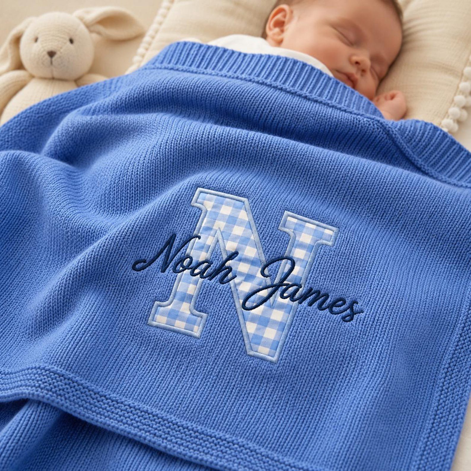 Embroidery Custom Patch Blanket, Unique Christmas/Shower/Birthday gift, Gingham Initial Baby Gift, Newborn Keepsake, Nursery Keepsake Gift 5