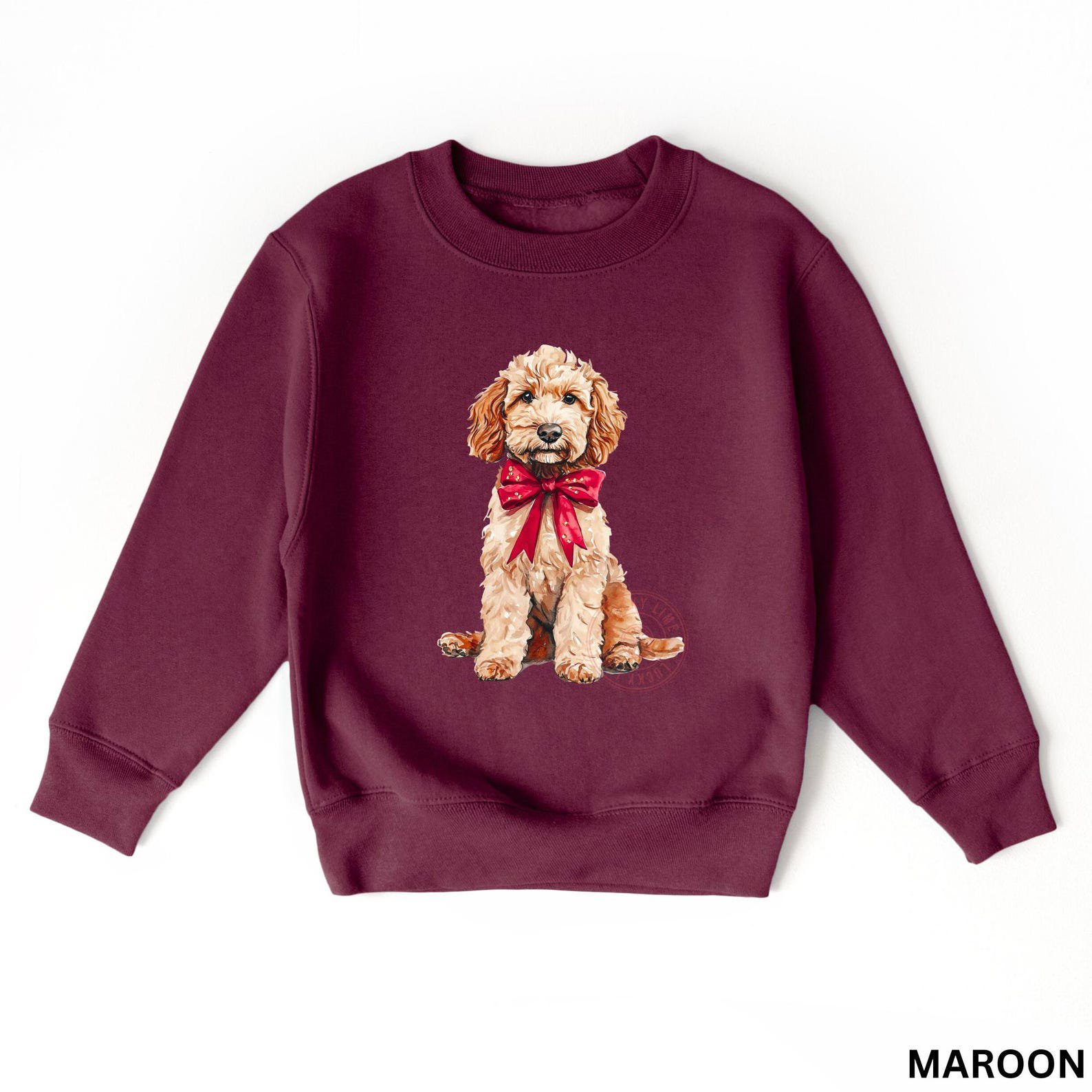 Kids Christmas Dog Sweatshirt, Goldendoodle Sweatshirt, Dog Lover Sweatshirt, Youth Christmas Shirt, Dog Lover Gift, Coquette Christmas 3