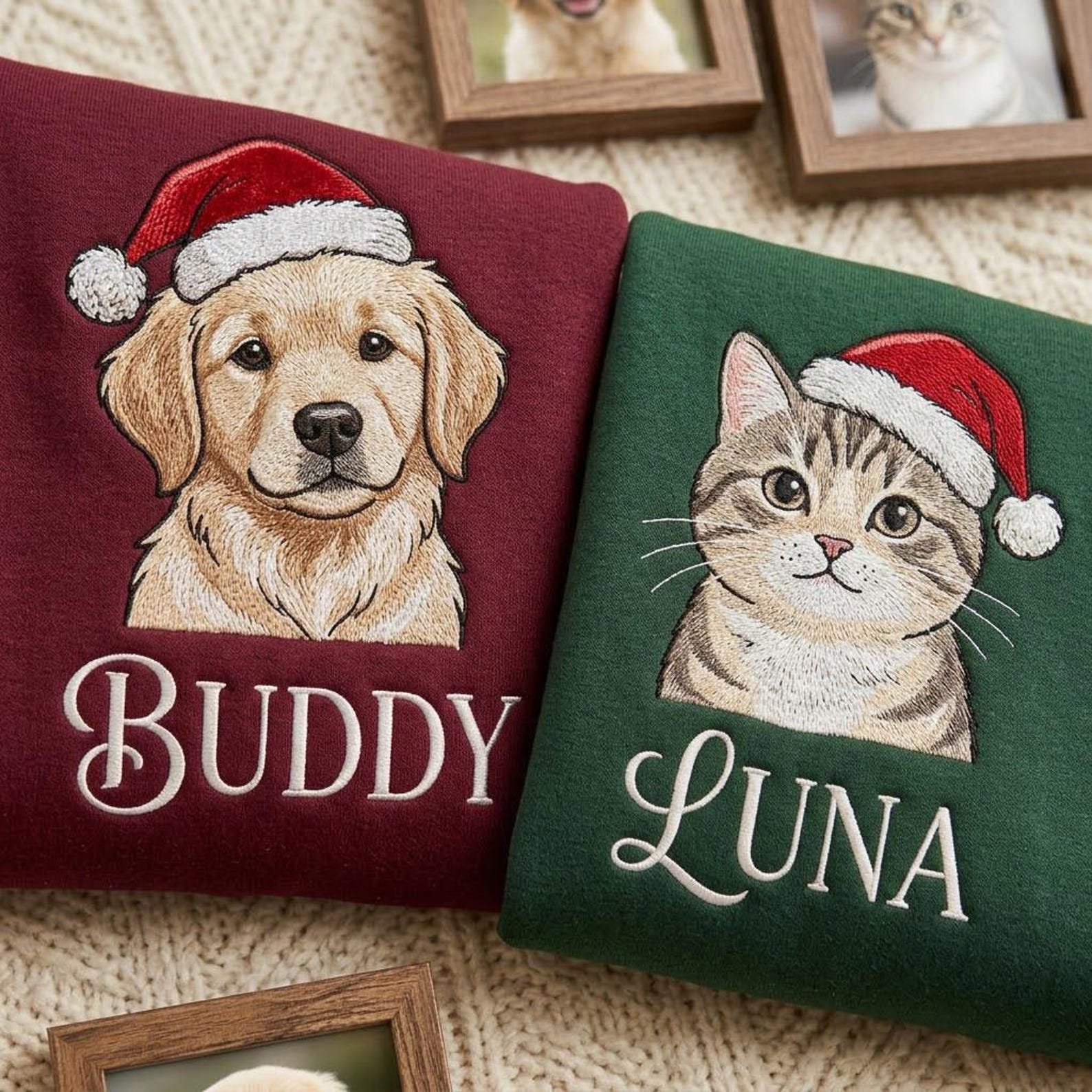 Custom Pet Portrait Embroidered Sweatshirt, Personalized Dog Christmas Crewneck, Santa Hat Pet Memorial Sweater, Dog Lover Gift 3