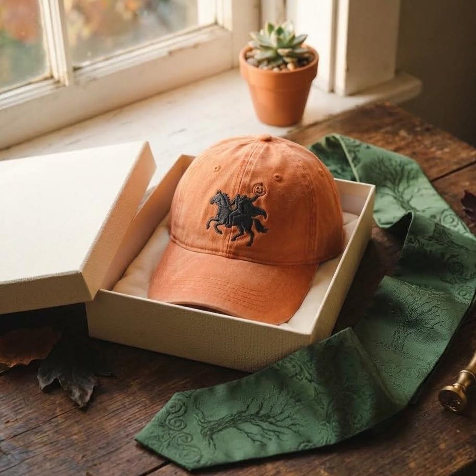 Embroidered Headless Horseman Washed Cap, Spooky Washed Hat, Gothic Halloween Dad Hat, Pumpkin Ghost Rider Design 5