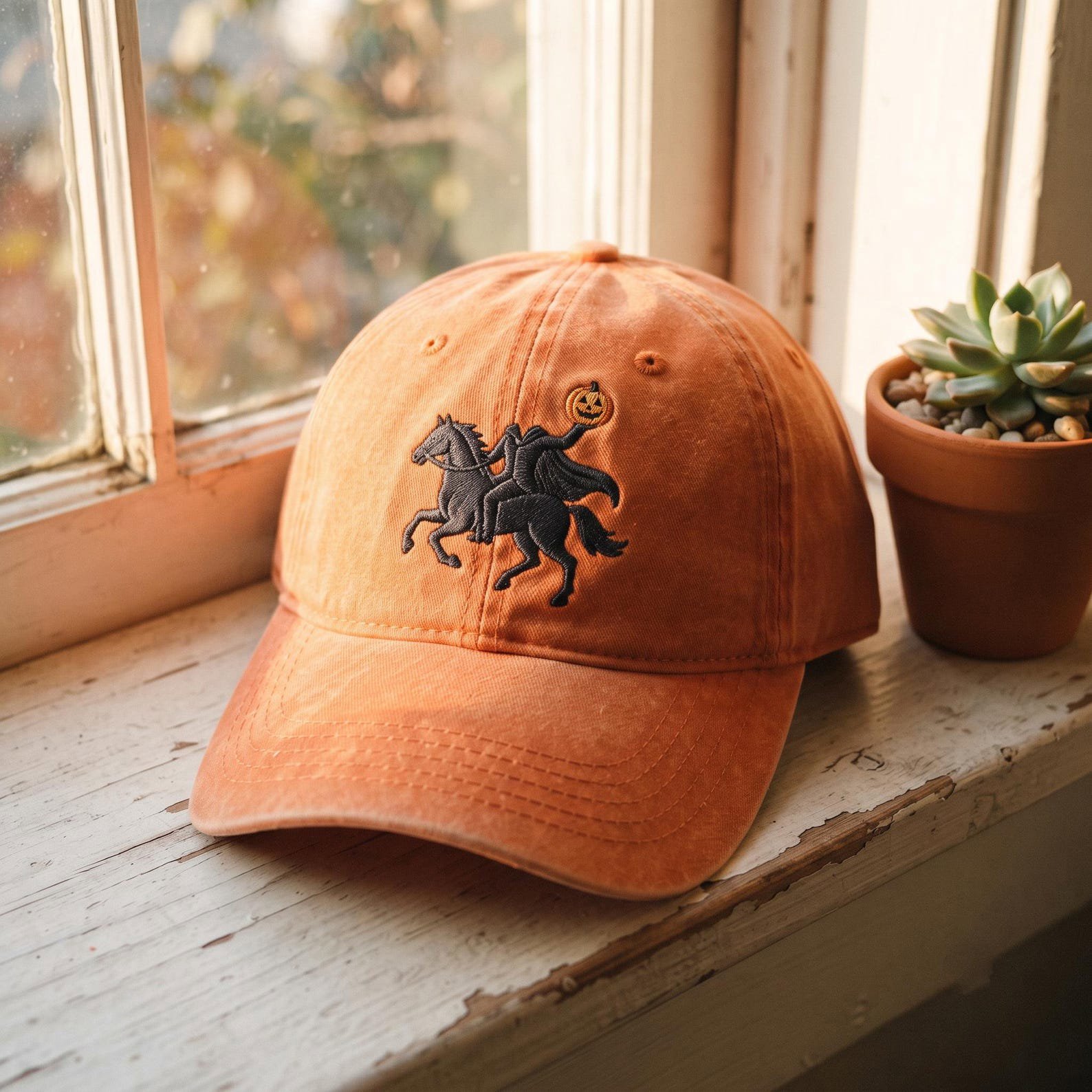 Embroidered Headless Horseman Washed Cap, Spooky Washed Hat, Gothic Halloween Dad Hat, Pumpkin Ghost Rider Design 4