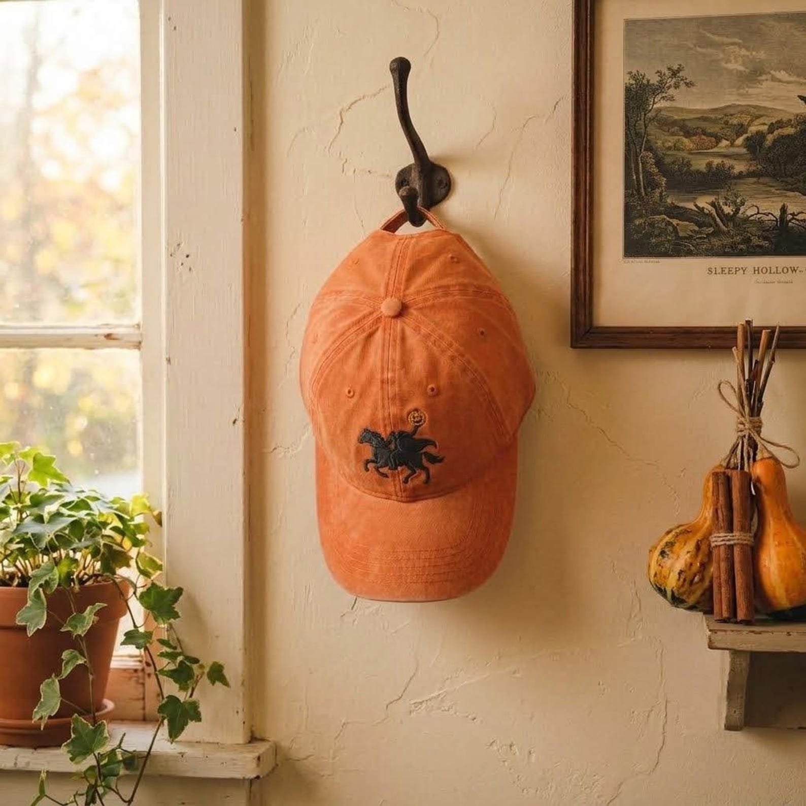 Embroidered Headless Horseman Washed Cap, Spooky Washed Hat, Gothic Halloween Dad Hat, Pumpkin Ghost Rider Design 6