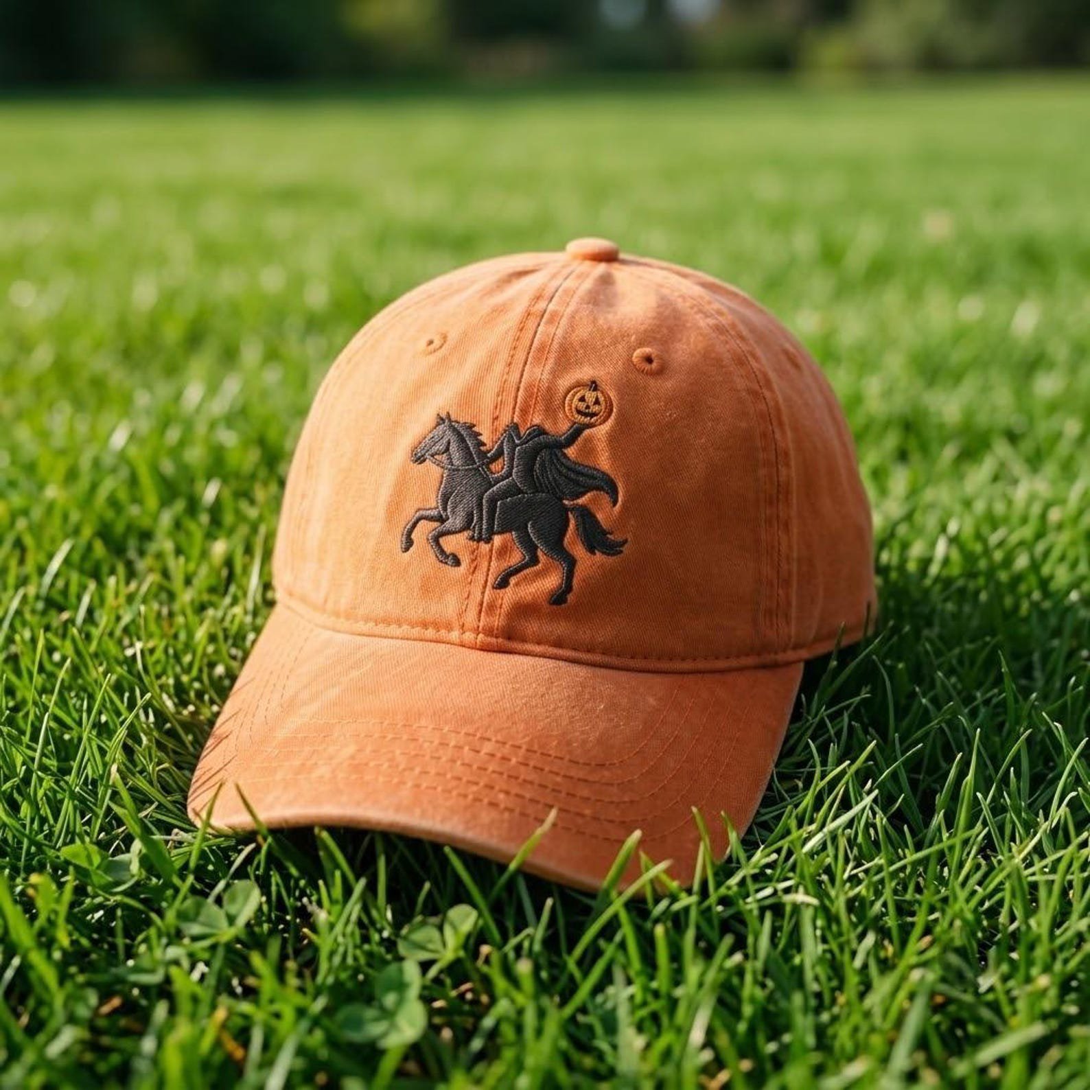 Embroidered Headless Horseman Washed Cap, Spooky Washed Hat, Gothic Halloween Dad Hat, Pumpkin Ghost Rider Design 7