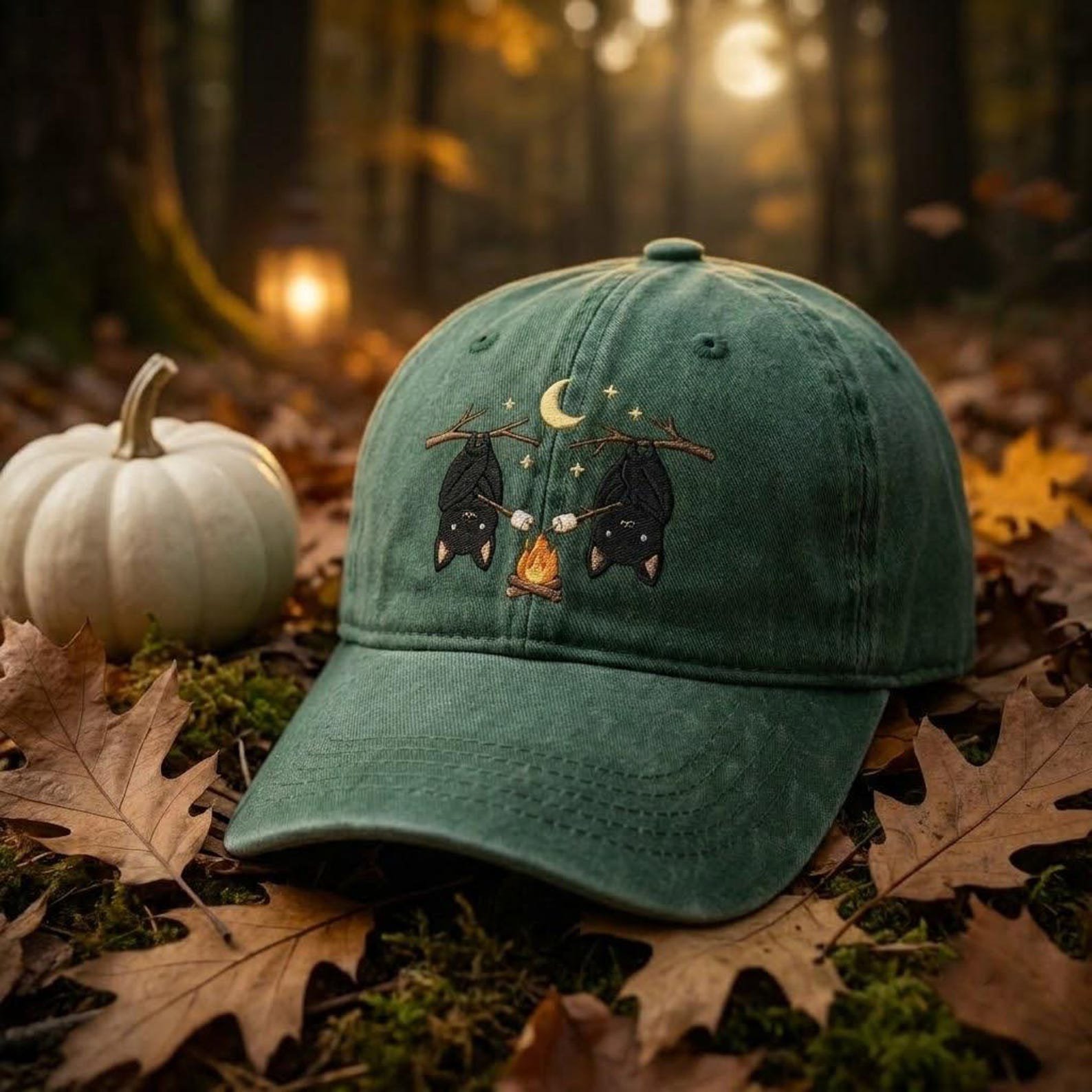 Embroidered Bat Camping Hat, Cute Campfire Dad Cap, Spooky Outdoor Baseball Hat, Cozy Halloween Gift Idea for Campers and Bat Lovers 4