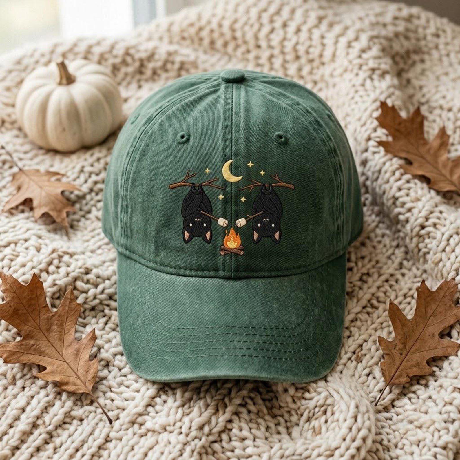 Embroidered Bat Camping Hat, Cute Campfire Dad Cap, Spooky Outdoor Baseball Hat, Cozy Halloween Gift Idea for Campers and Bat Lovers 5