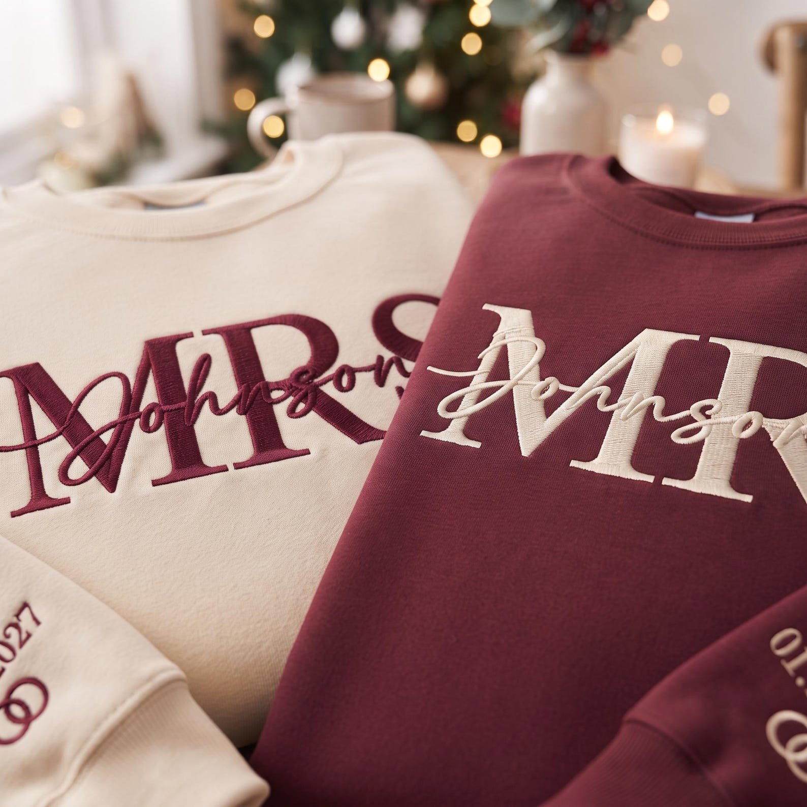 Embroidered Personalised Mr Mrs Matching Sweatshirts, Personalized Wedding Date Sweater, Bride Groom Sweatshirt, Couple Honeymoon Gift 3