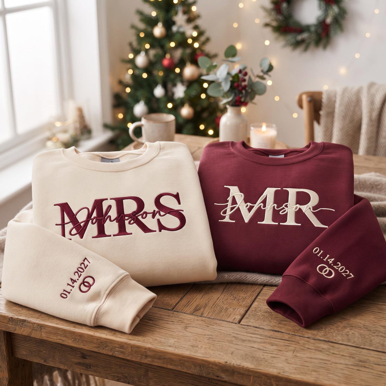 Embroidered Personalised Mr Mrs Matching Sweatshirts, Personalized Wedding Date Sweater, Bride Groom Sweatshirt, Couple Honeymoon Gift 1