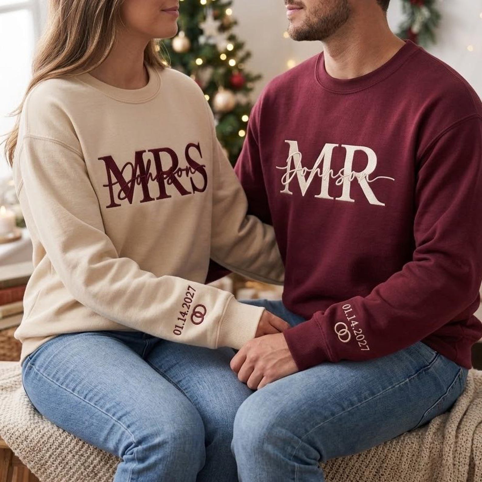 Embroidered Personalised Mr Mrs Matching Sweatshirts, Personalized Wedding Date Sweater, Bride Groom Sweatshirt, Couple Honeymoon Gift 4