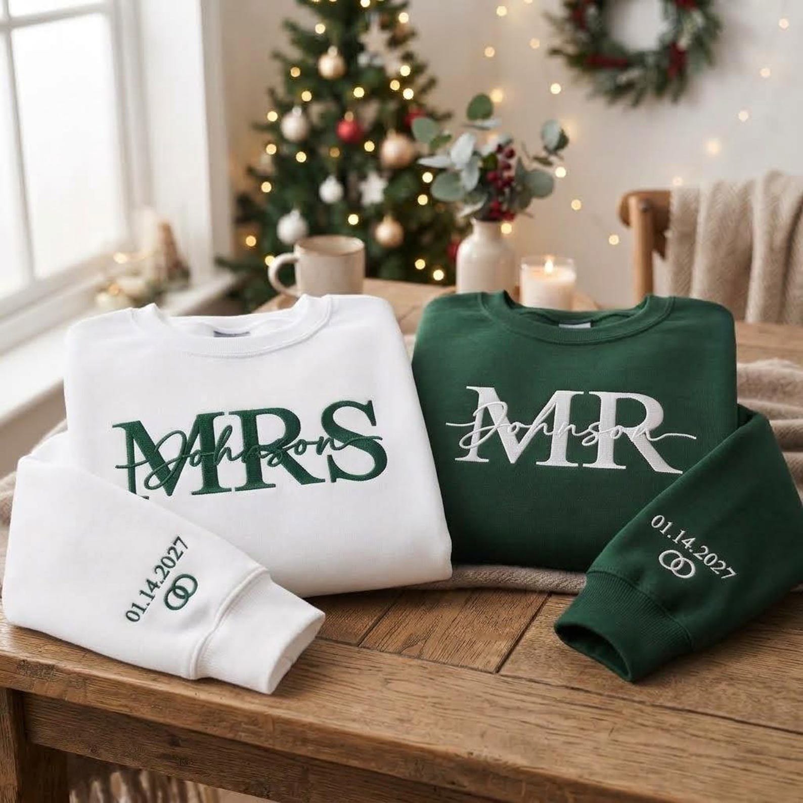 Embroidered Personalised Mr Mrs Matching Sweatshirts, Personalized Wedding Date Sweater, Bride Groom Sweatshirt, Couple Honeymoon Gift 5