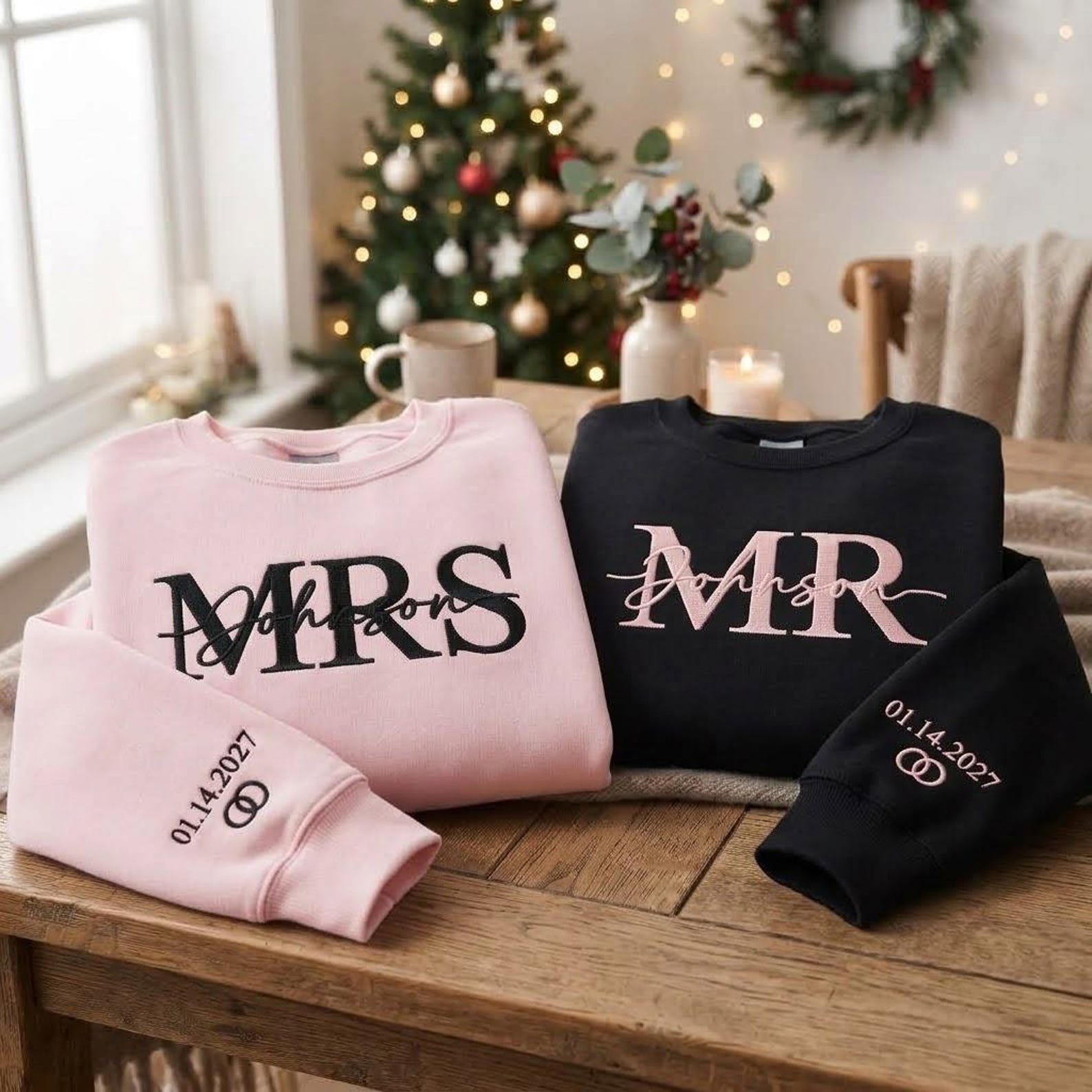 Embroidered Personalised Mr Mrs Matching Sweatshirts, Personalized Wedding Date Sweater, Bride Groom Sweatshirt, Couple Honeymoon Gift 6