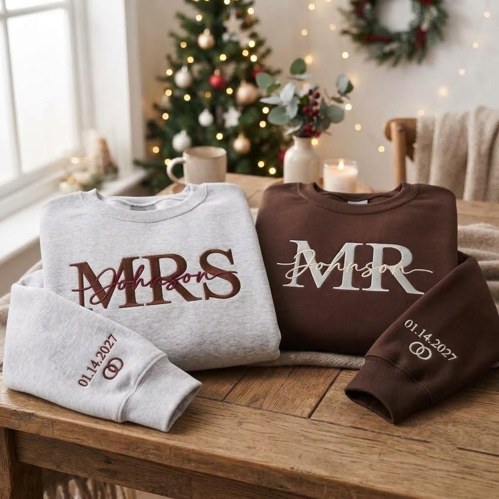 Embroidered Personalised Mr Mrs Matching Sweatshirts, Personalized Wedding Date Sweater, Bride Groom Sweatshirt, Couple Honeymoon Gift 7