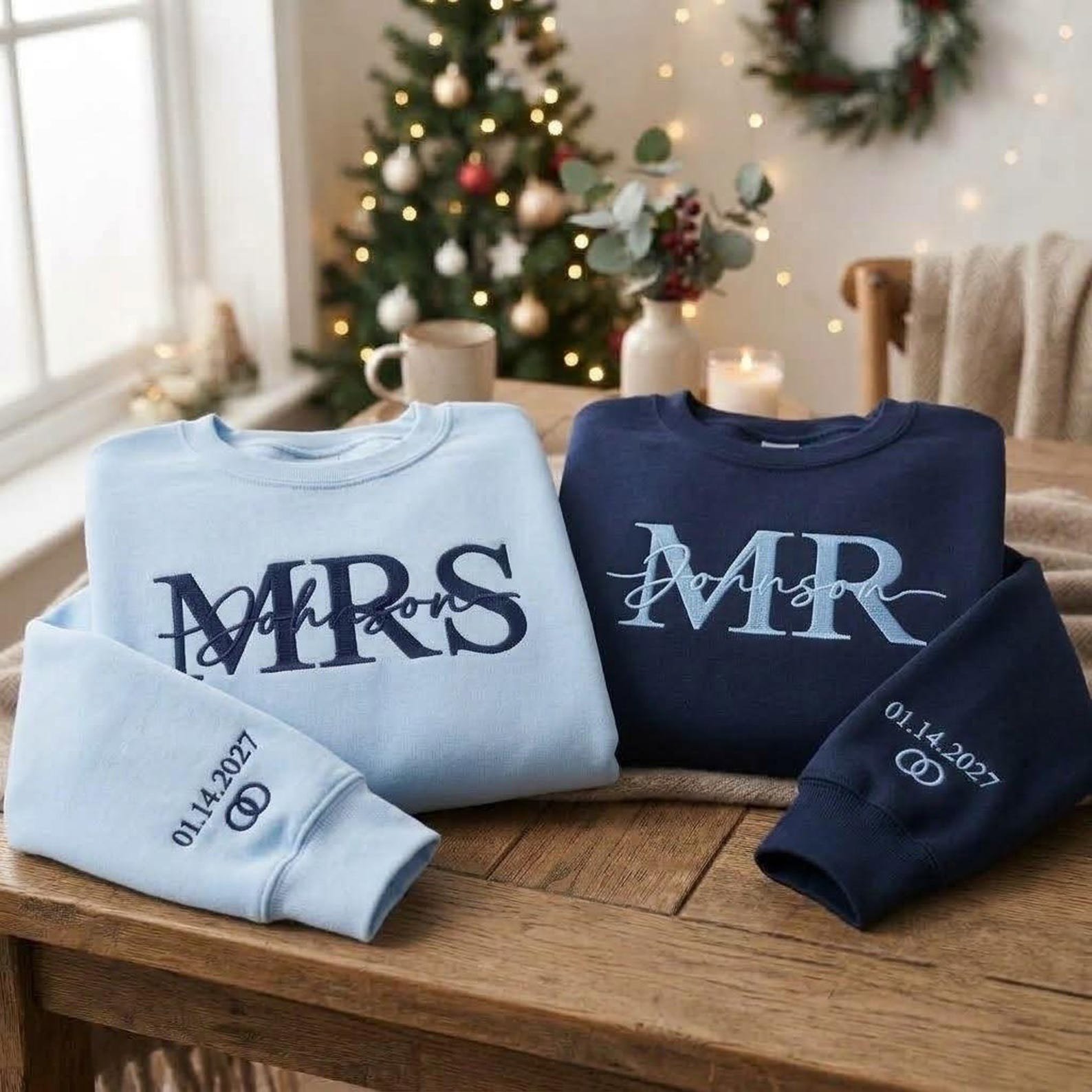 Embroidered Personalised Mr Mrs Matching Sweatshirts, Personalized Wedding Date Sweater, Bride Groom Sweatshirt, Couple Honeymoon Gift 8