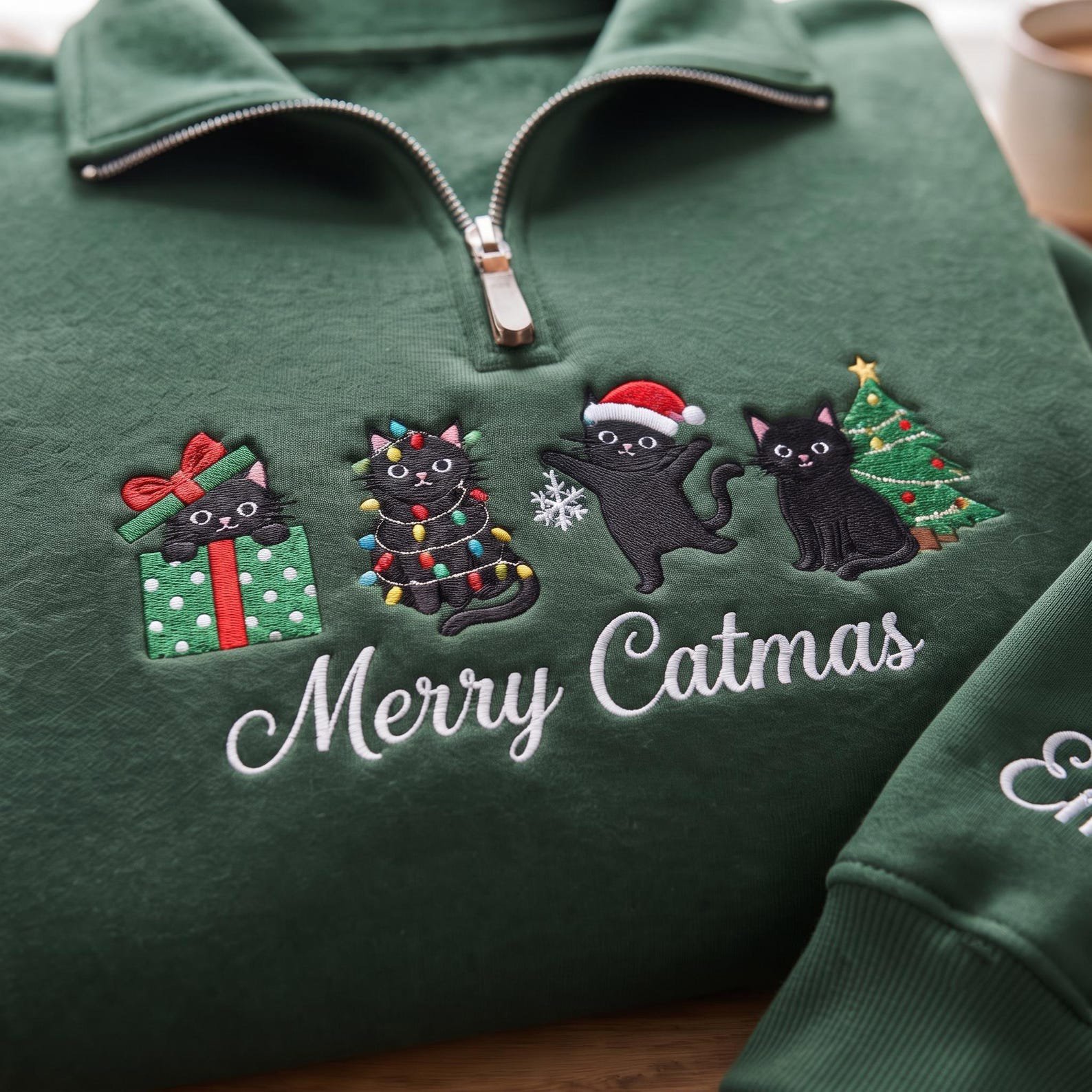 Embroidered Christmas Cat Quarter Zip Sweatshirt, Merry Catmas Shirt, Black Cat Christmas Sweater, Personalized Cat Lover Gift 3