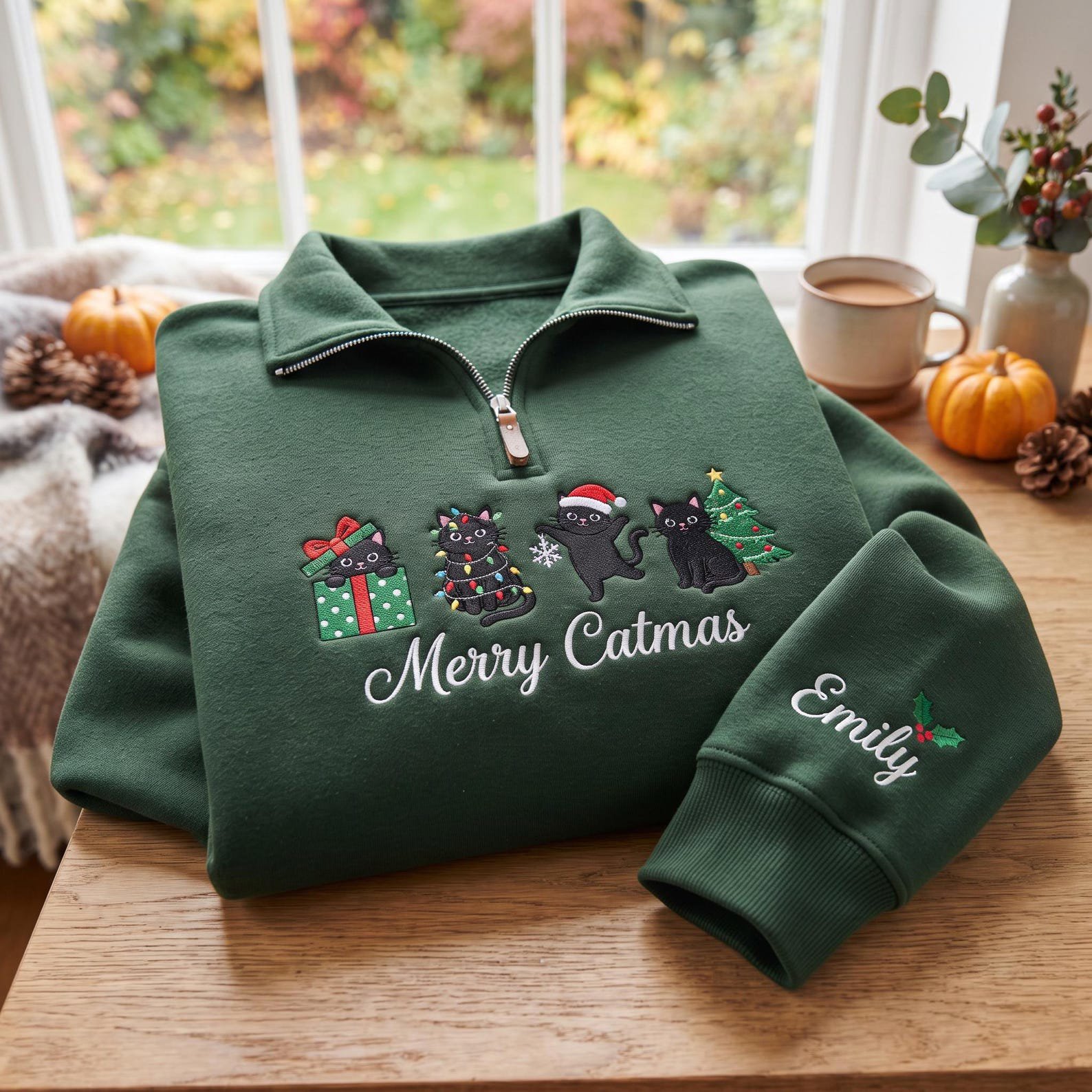 Embroidered Christmas Cat Quarter Zip Sweatshirt, Merry Catmas Shirt, Black Cat Christmas Sweater, Personalized Cat Lover Gift 1