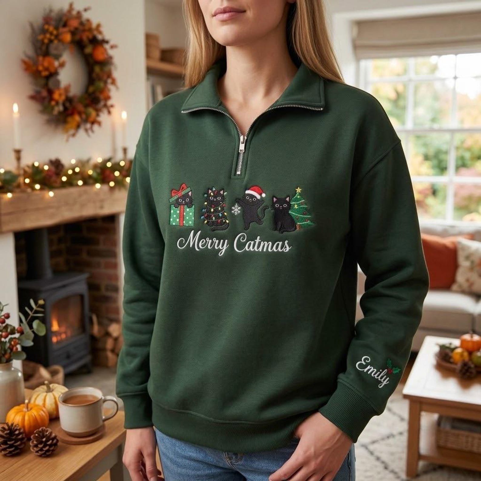 Embroidered Christmas Cat Quarter Zip Sweatshirt, Merry Catmas Shirt, Black Cat Christmas Sweater, Personalized Cat Lover Gift 4