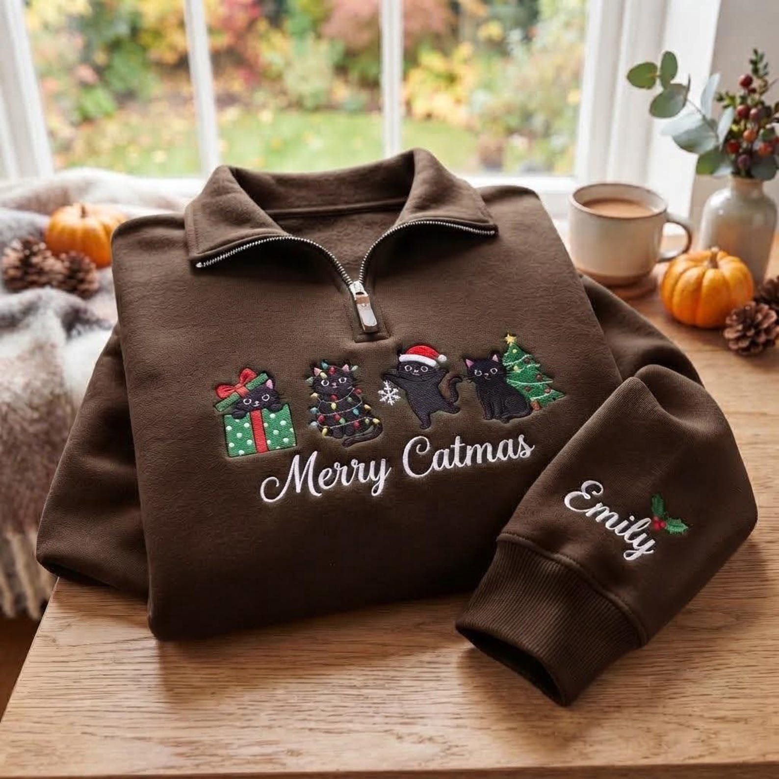 Embroidered Christmas Cat Quarter Zip Sweatshirt, Merry Catmas Shirt, Black Cat Christmas Sweater, Personalized Cat Lover Gift 5